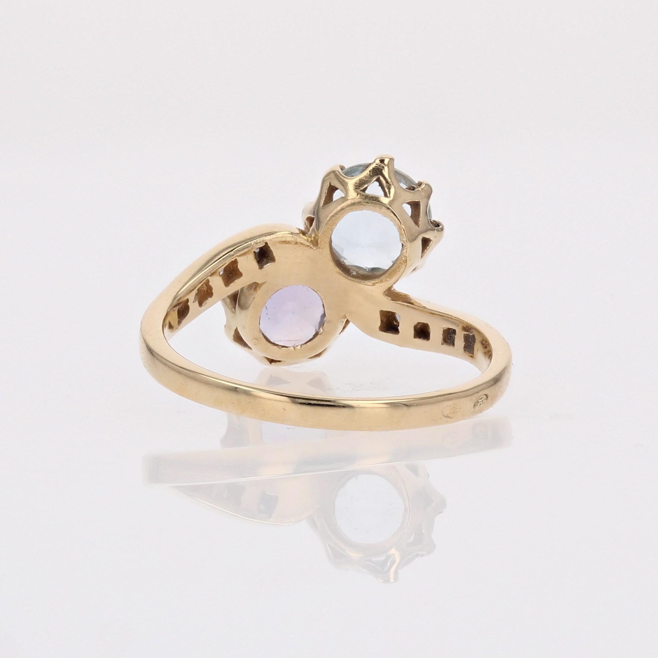 French 1960s Aquamarine Purple Sapphire Diamonds 18K Yellow Gold You and Me Ring For Sale 8