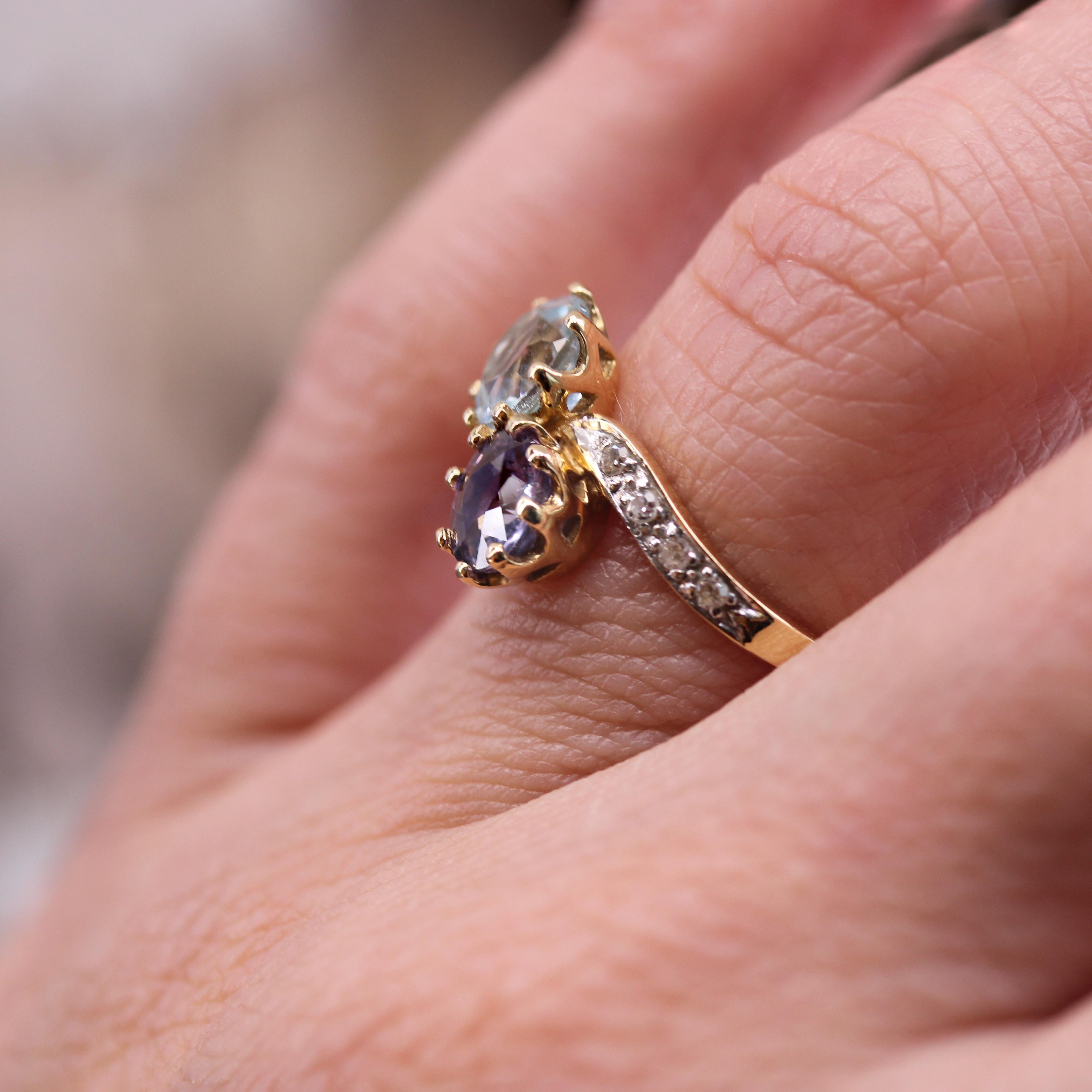 French 1960s Aquamarine Purple Sapphire Diamonds 18K Yellow Gold You and Me Ring For Sale 9