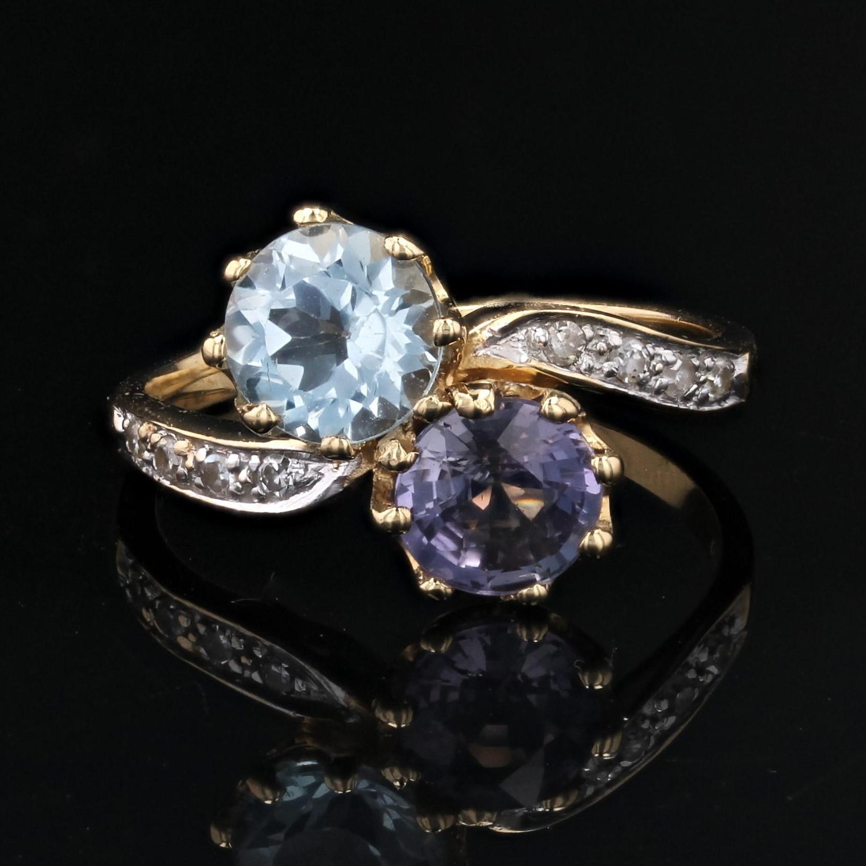 Französisch 1960er Jahre Aquamarin lila Saphir Diamanten 18K Gelbgold Sie und ich Ring im Zustand „Gut“ im Angebot in Poitiers, FR