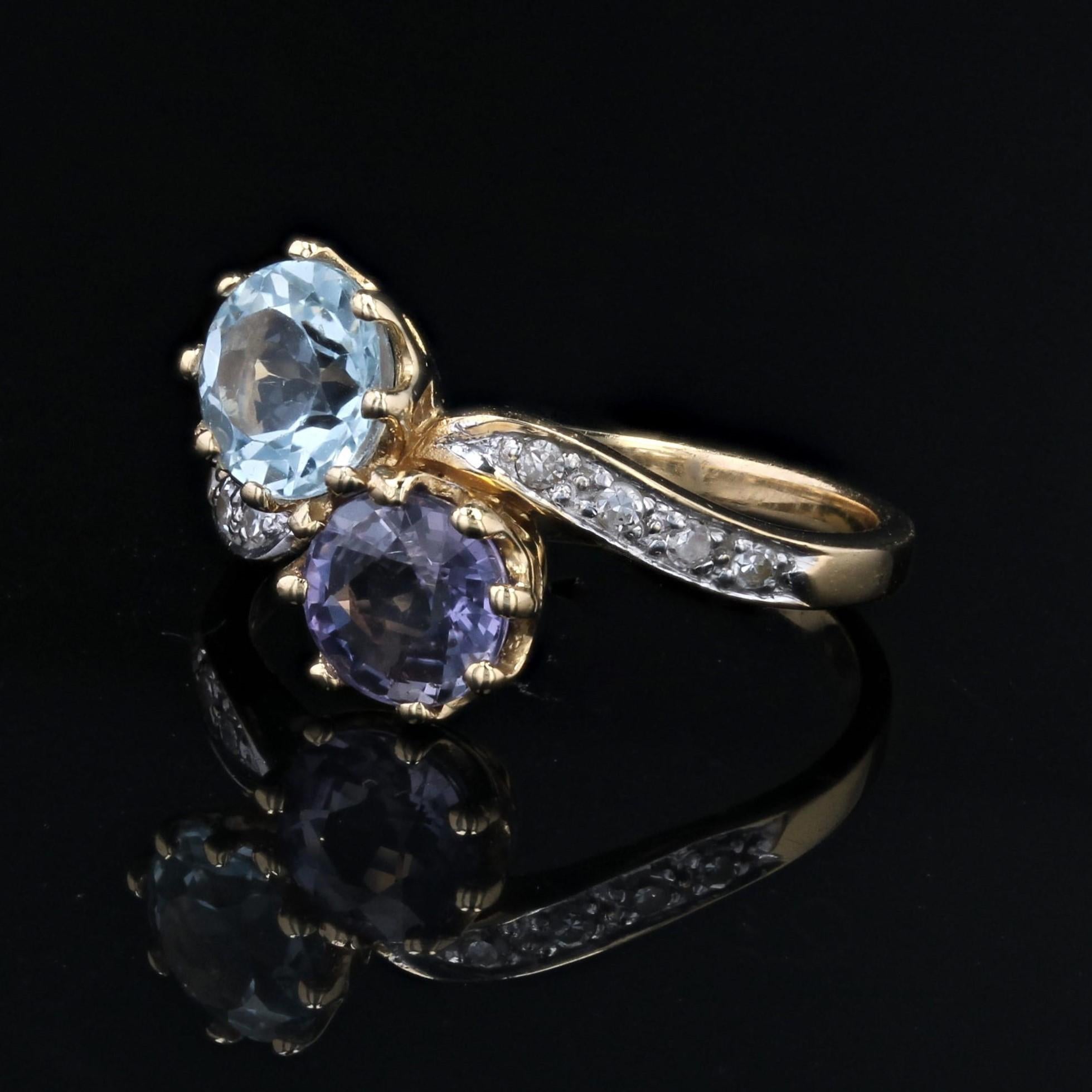 Women's French 1960s Aquamarine Purple Sapphire Diamonds 18K Yellow Gold You and Me Ring For Sale