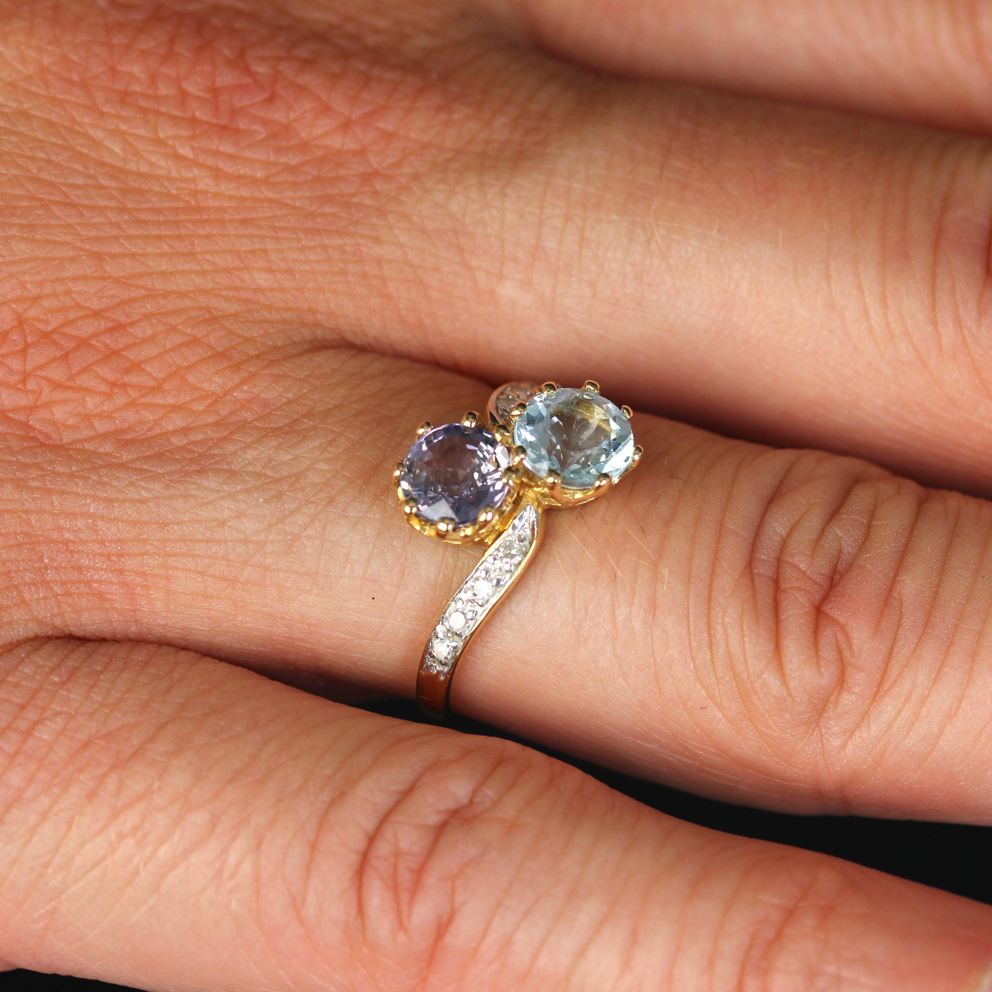 French 1960s Aquamarine Purple Sapphire Diamonds 18K Yellow Gold You and Me Ring For Sale 1