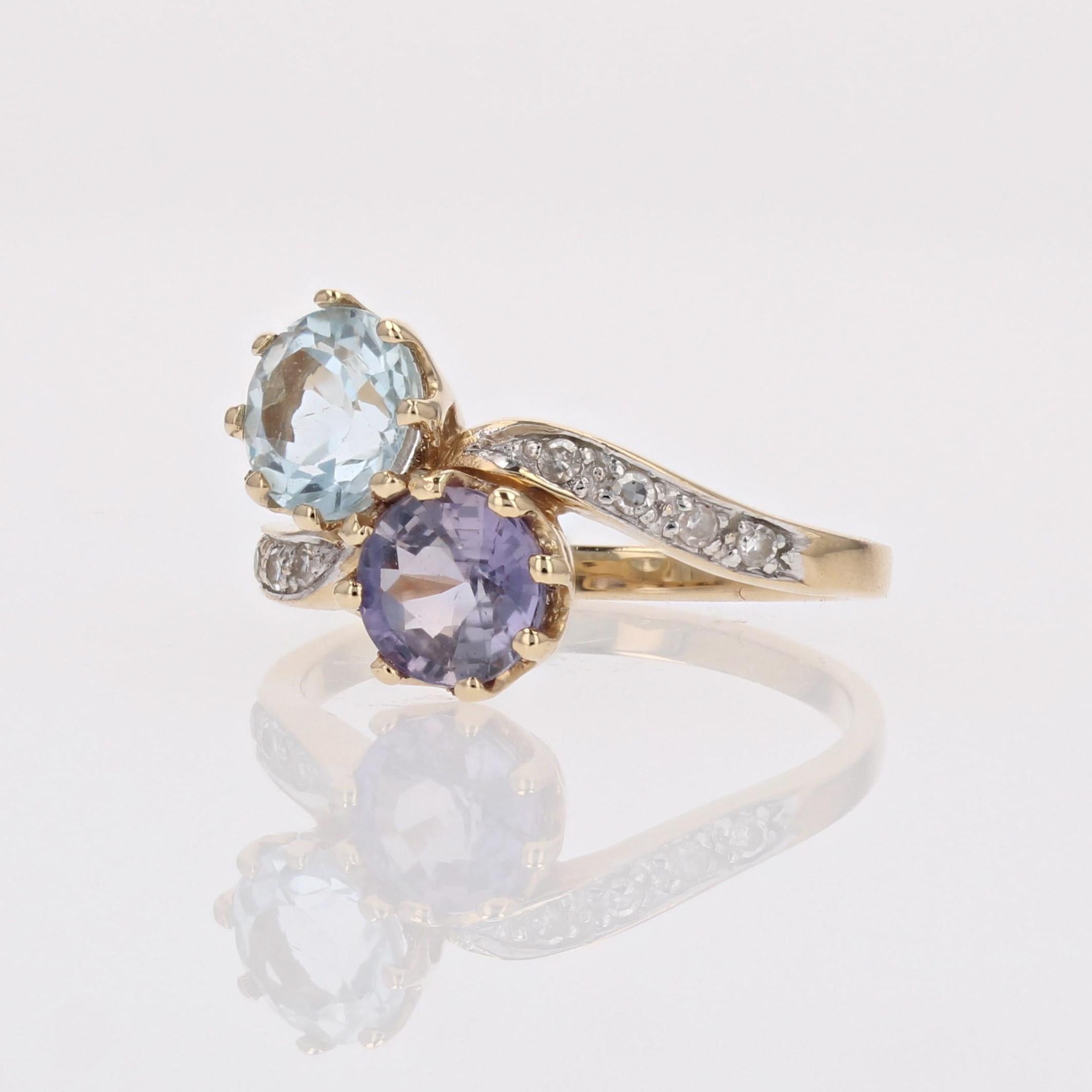French 1960s Aquamarine Purple Sapphire Diamonds 18K Yellow Gold You and Me Ring For Sale 3
