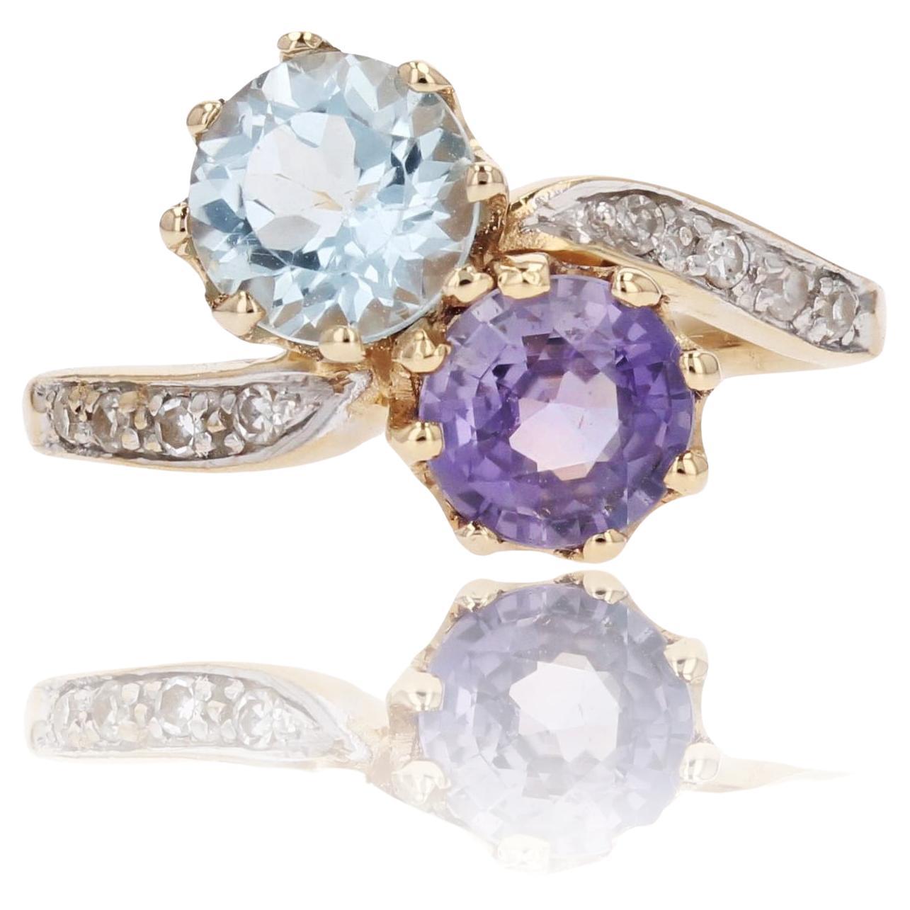 French 1960s Aquamarine Purple Sapphire Diamonds 18K Yellow Gold You and Me Ring For Sale