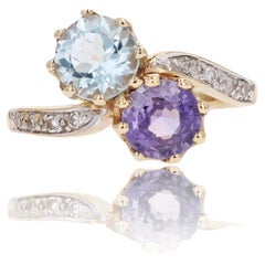 Retro French 1960s Aquamarine Purple Sapphire Diamonds 18K Yellow Gold You and Me Ring