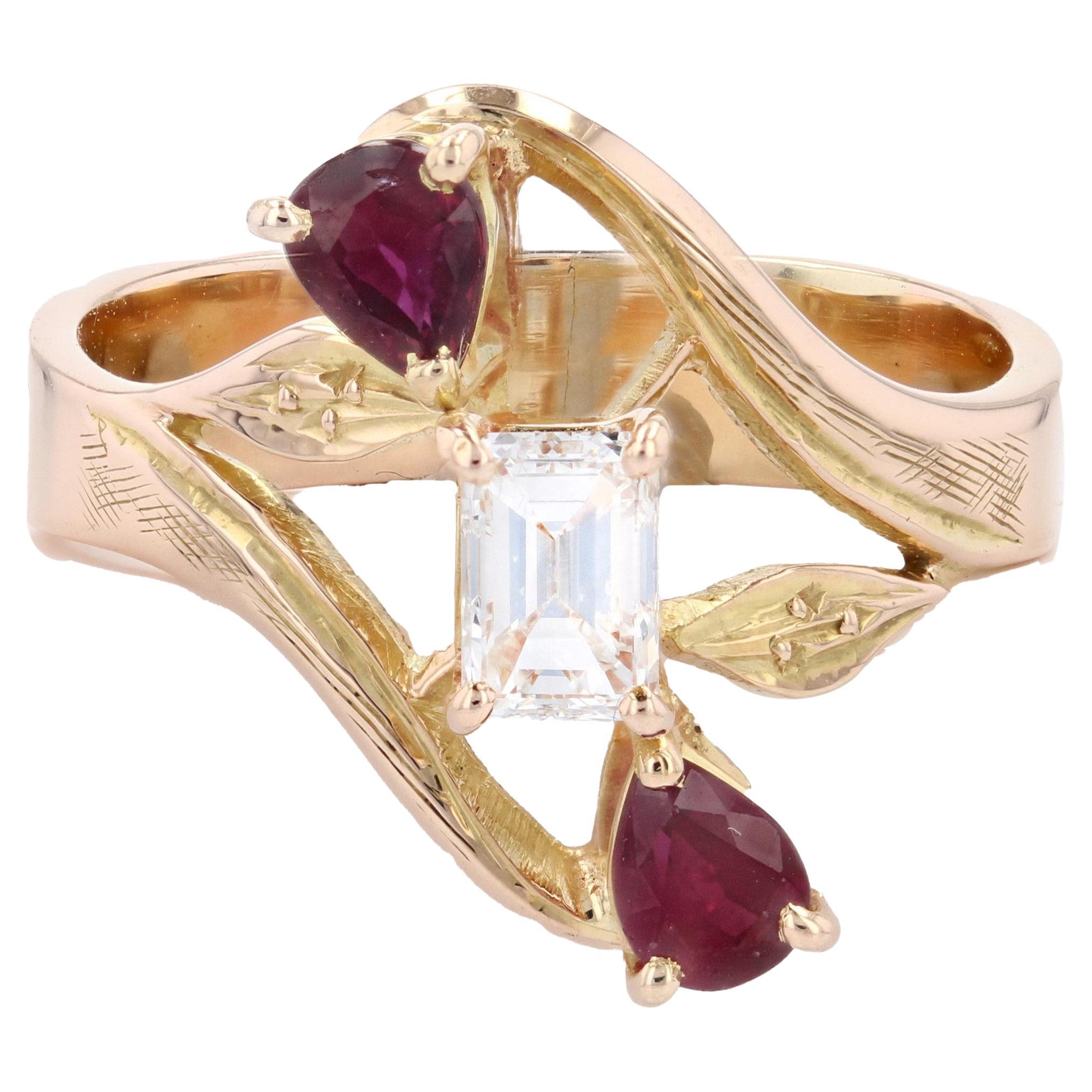 French 1960s Baguette- cut Diamond Pear- cut Ruby 18 Karat Yellow Gold Ring For Sale
