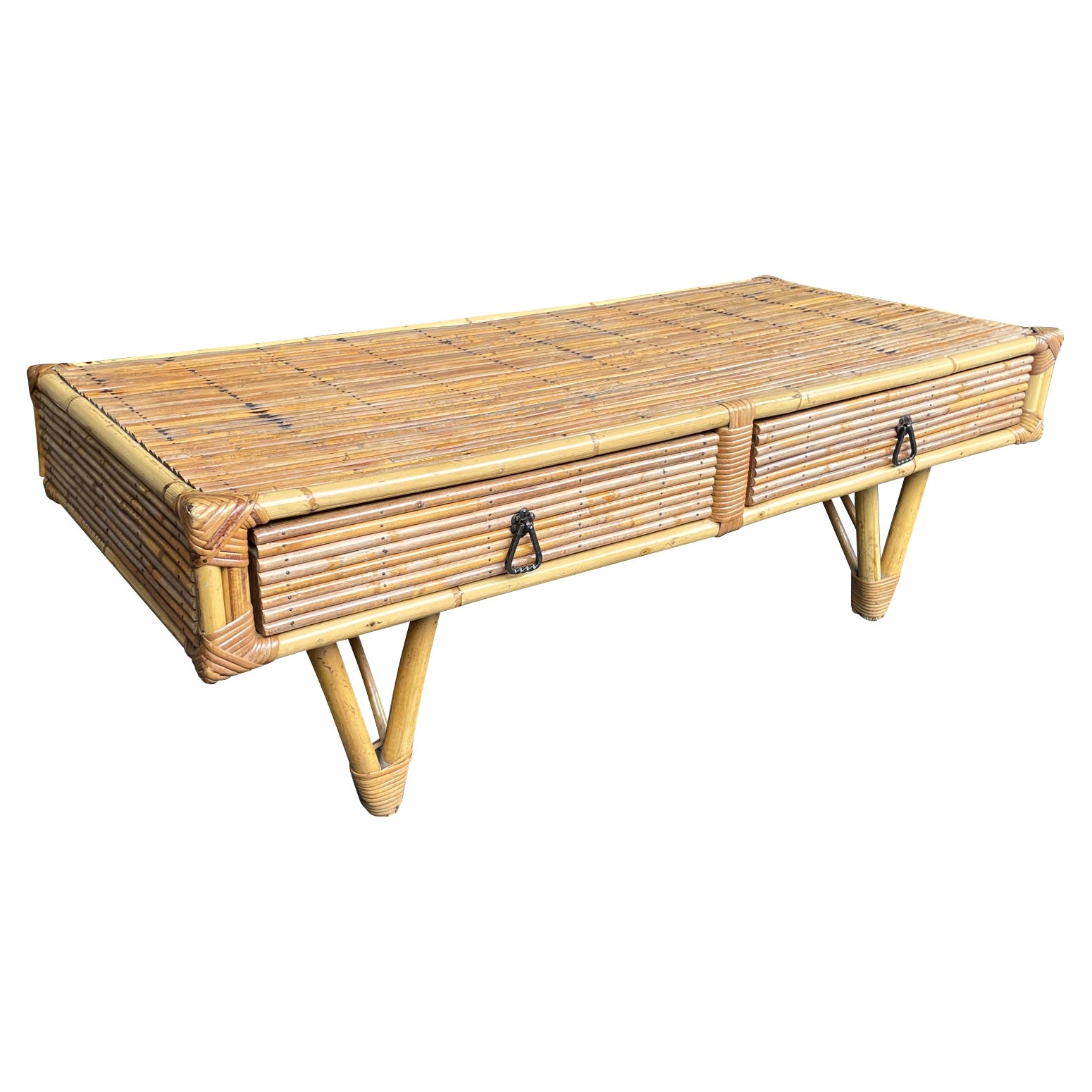 French 1960s Bamboo and Rattan Coffee Table with Two Drawers
