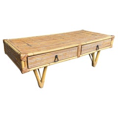 French 1960s Bamboo and Rattan Coffee Table with Two Drawers