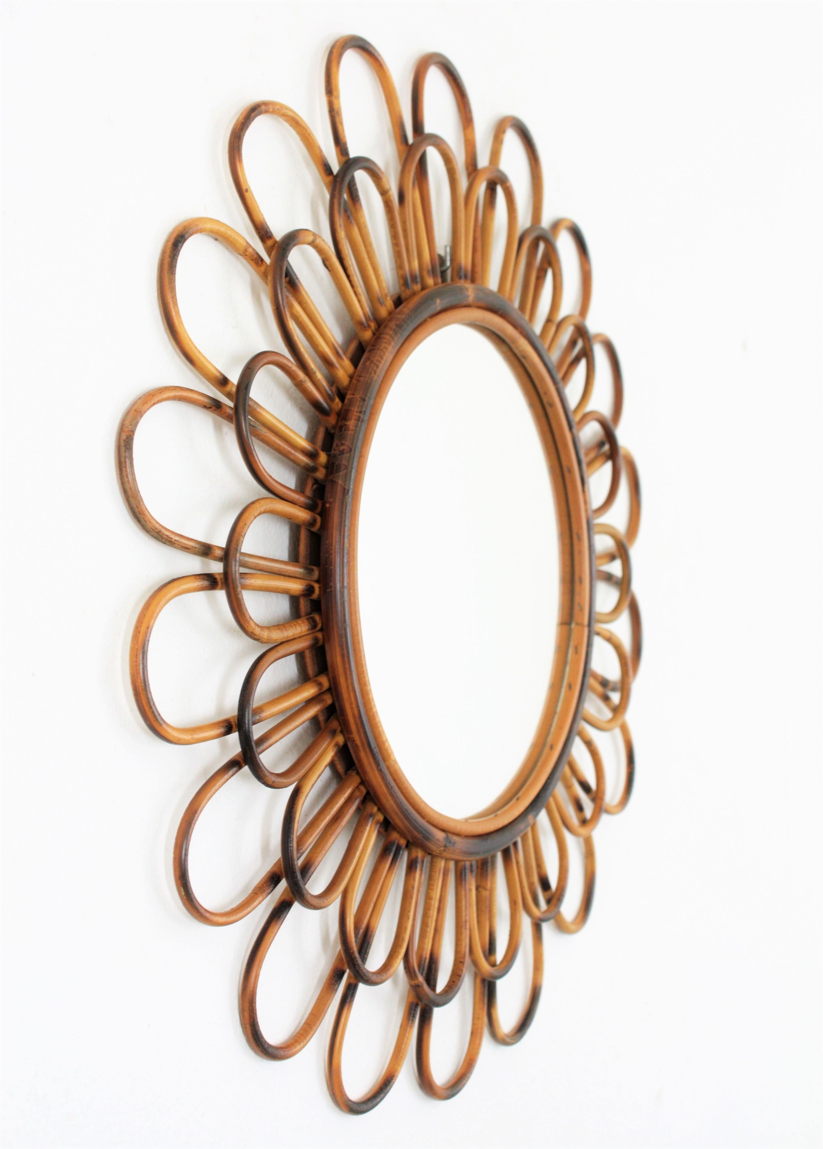 Mid-Century Modern French Sunburst Flower Mirror in Rattan, 1960s For Sale