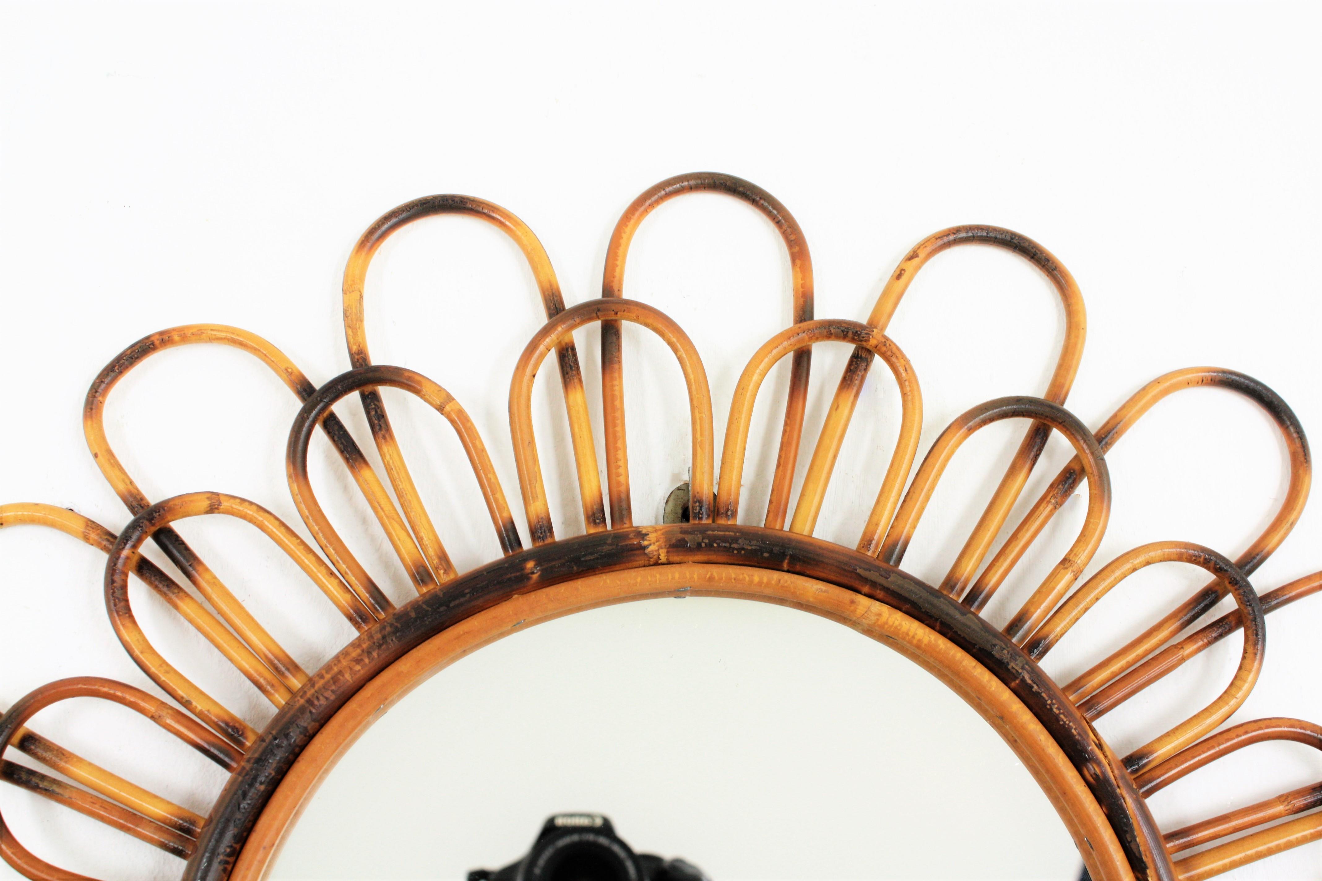 Hand-Crafted French Sunburst Flower Mirror in Rattan, 1960s For Sale