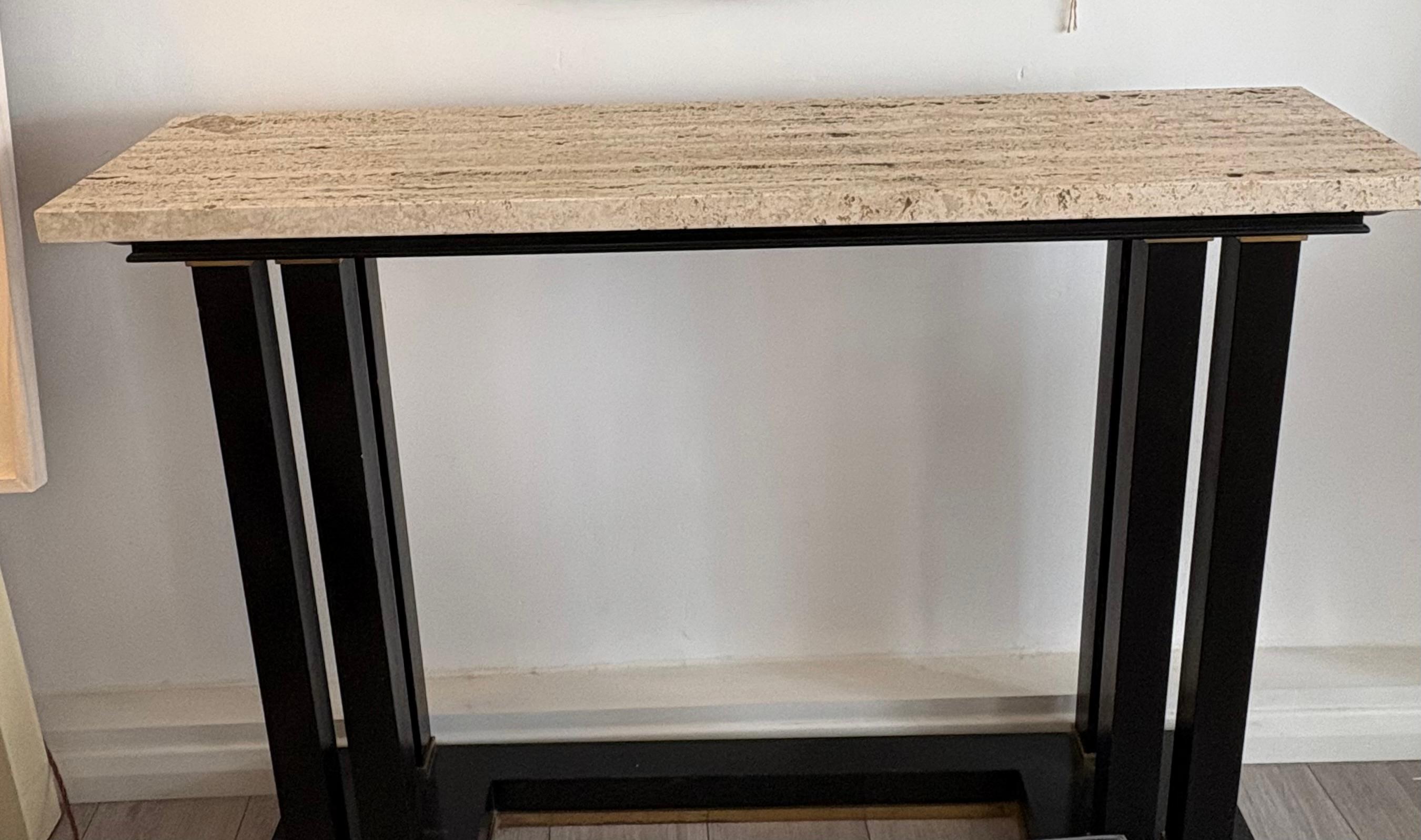 French 1960s Black lacquer , brass and travertine console table by Maison Jansen For Sale 3
