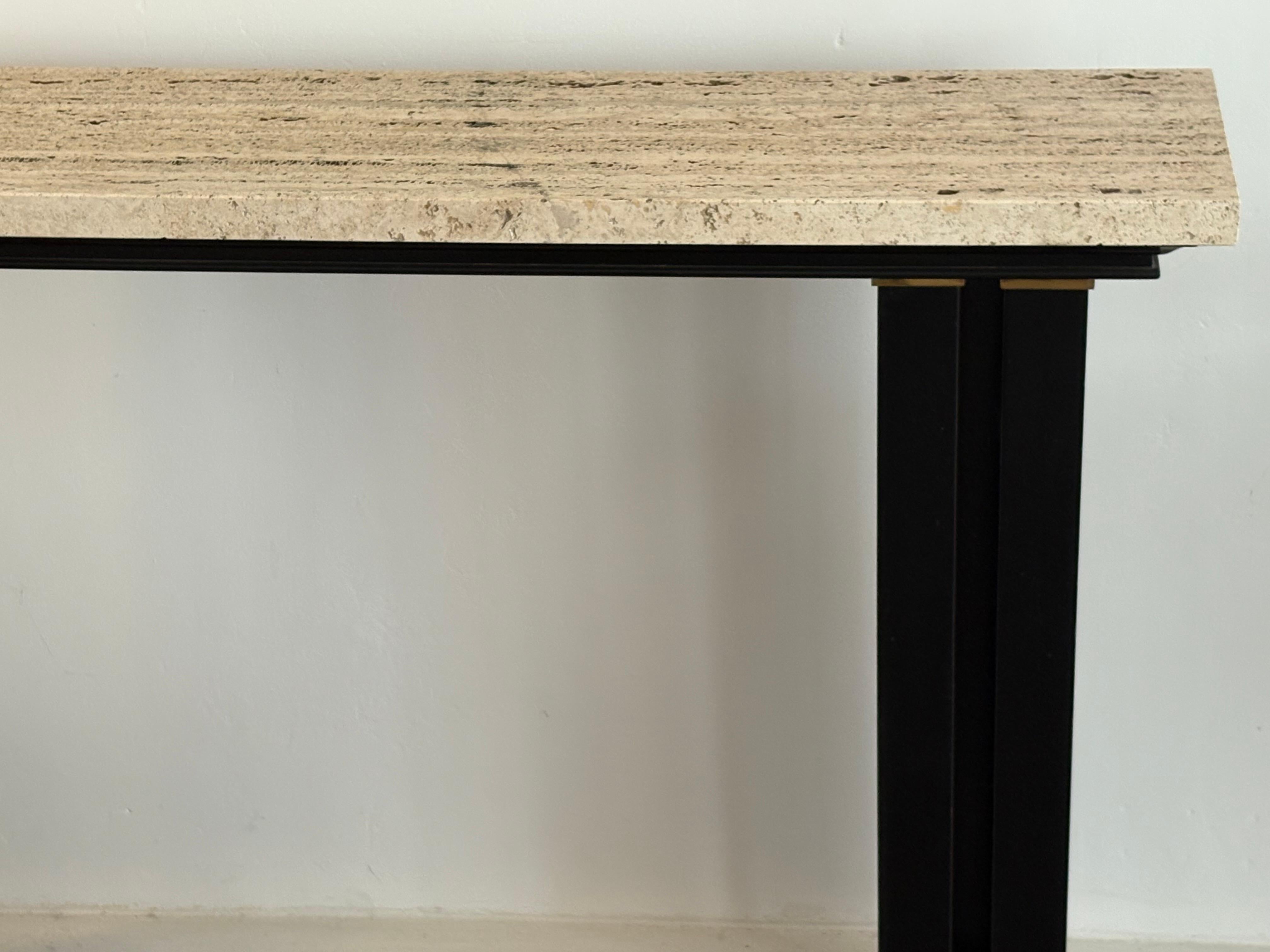 French 1960s Black lacquer , brass and travertine console table by Maison Jansen For Sale 4