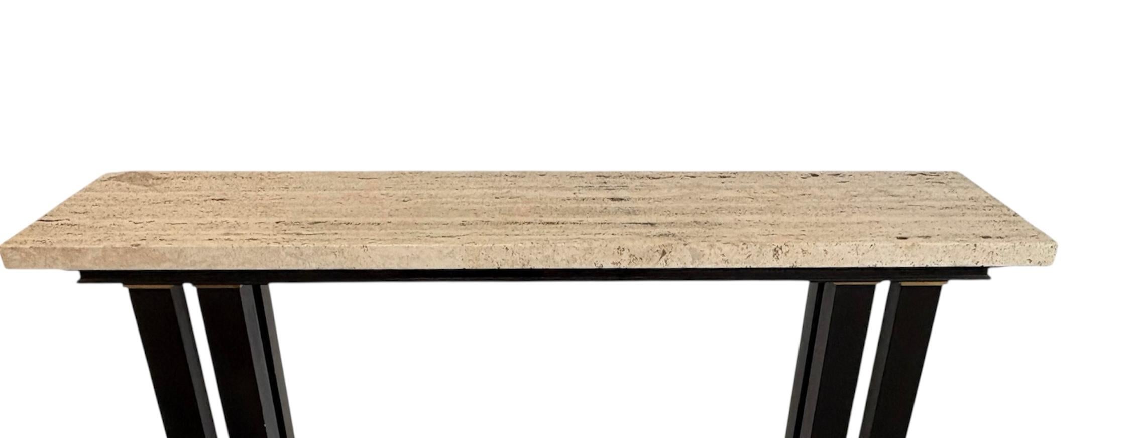 French 1960s Black lacquer , brass and travertine console table by Maison Jansen For Sale 5