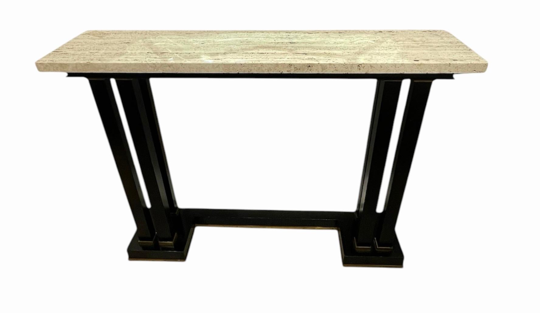 Neoclassical French 1960s Black lacquer , brass and travertine console table by Maison Jansen For Sale