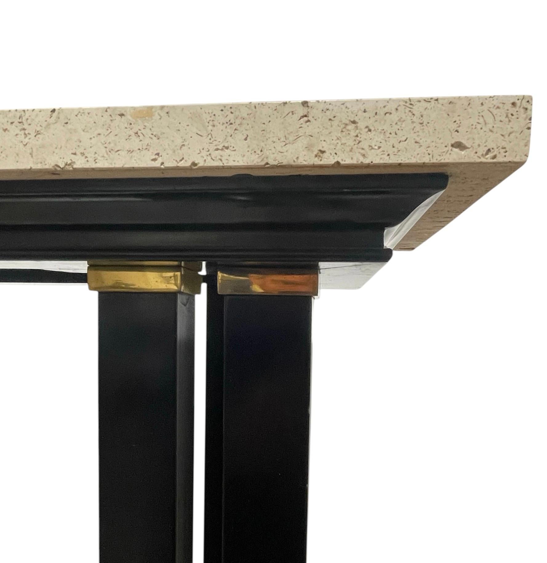 Brass French 1960s Black lacquer , brass and travertine console table by Maison Jansen For Sale
