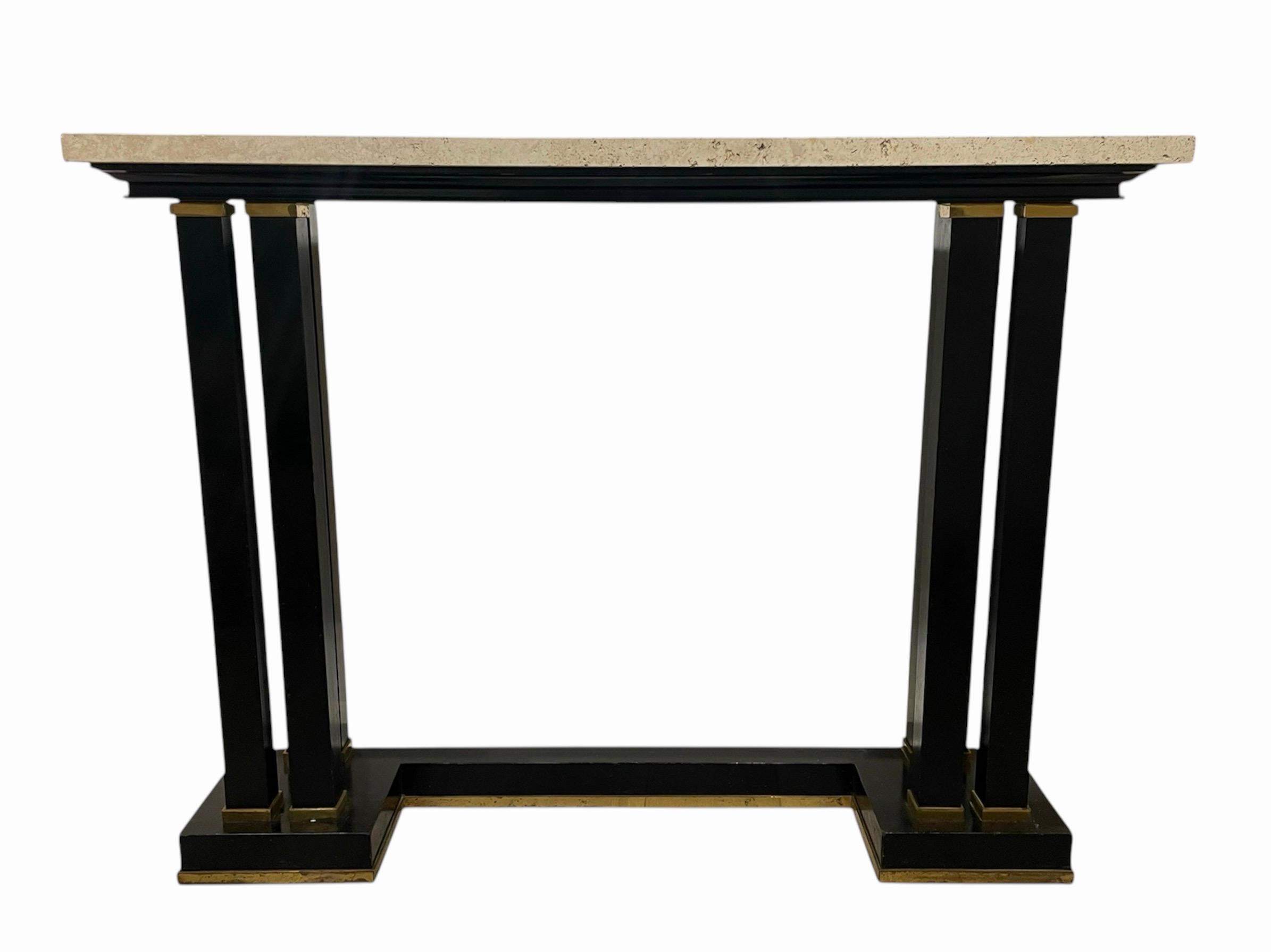 French 1960s Black lacquer , brass and travertine console table by Maison Jansen For Sale 1