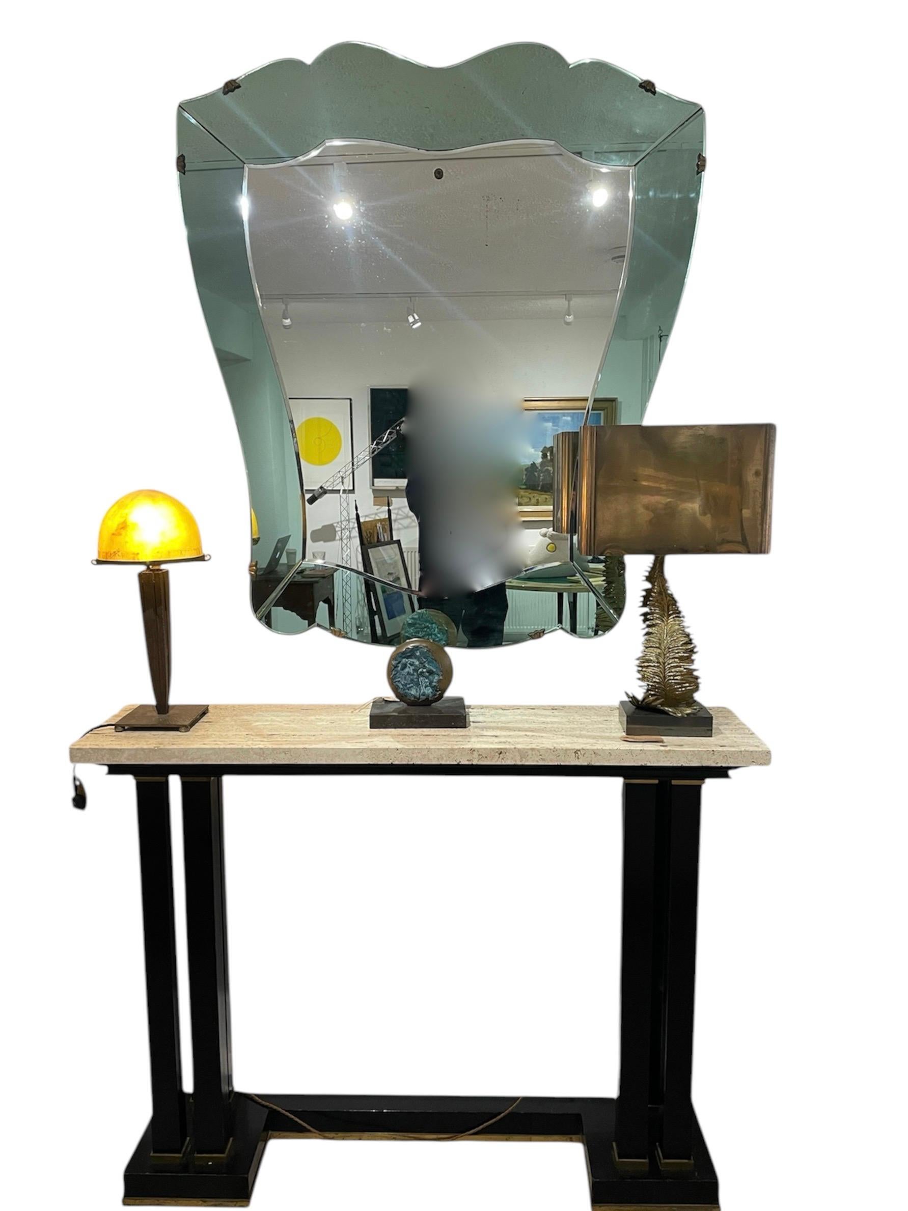 French 1960s Black lacquer , brass and travertine console table by Maison Jansen For Sale 2