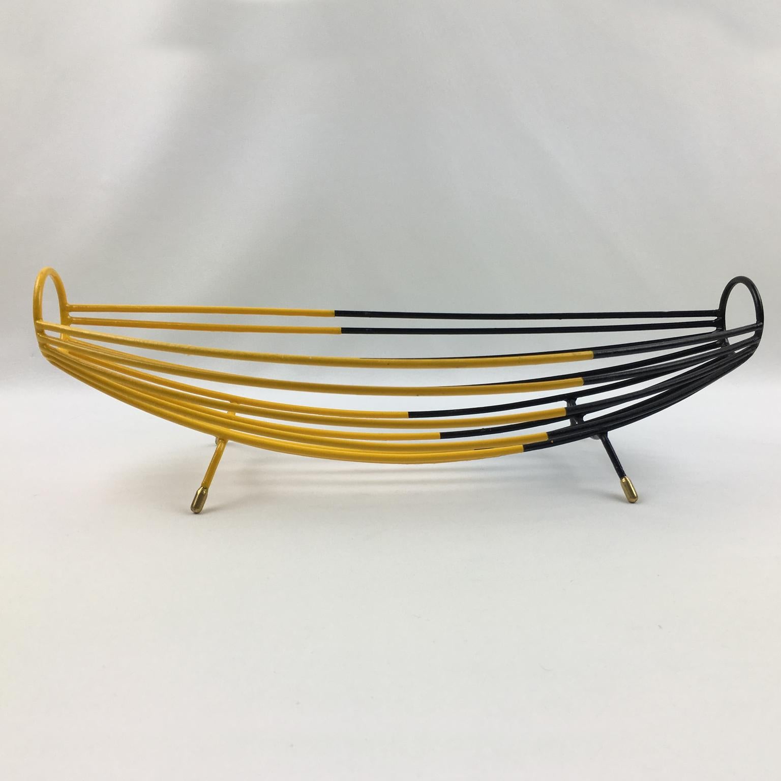 Mid-Century Modern French 1960s Black Yellow Metal Bowl Basket Centerpiece