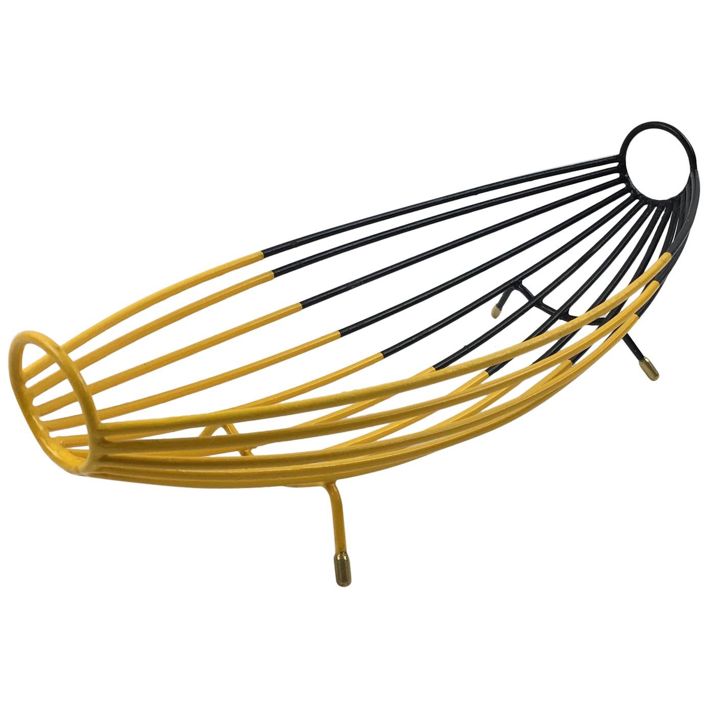 French 1960s Black Yellow Metal Bowl Basket Centerpiece