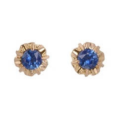 French 1960s Blue Sapphire 18 Karat Yellow Gold Vintage Stud Earrings