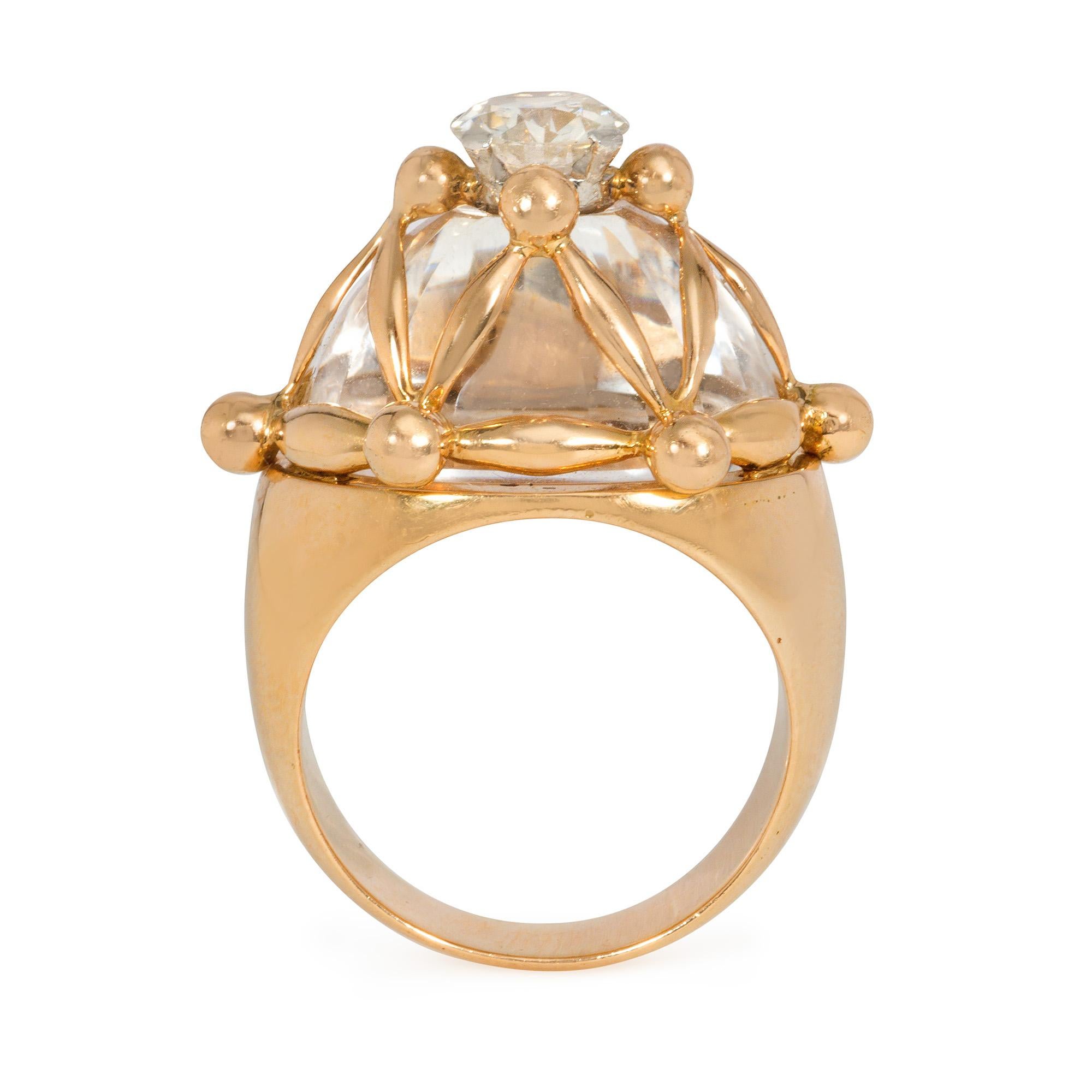Modern French 1960s Bombé Gold, Rock Crystal, and Diamond Ring with Lattice Design For Sale
