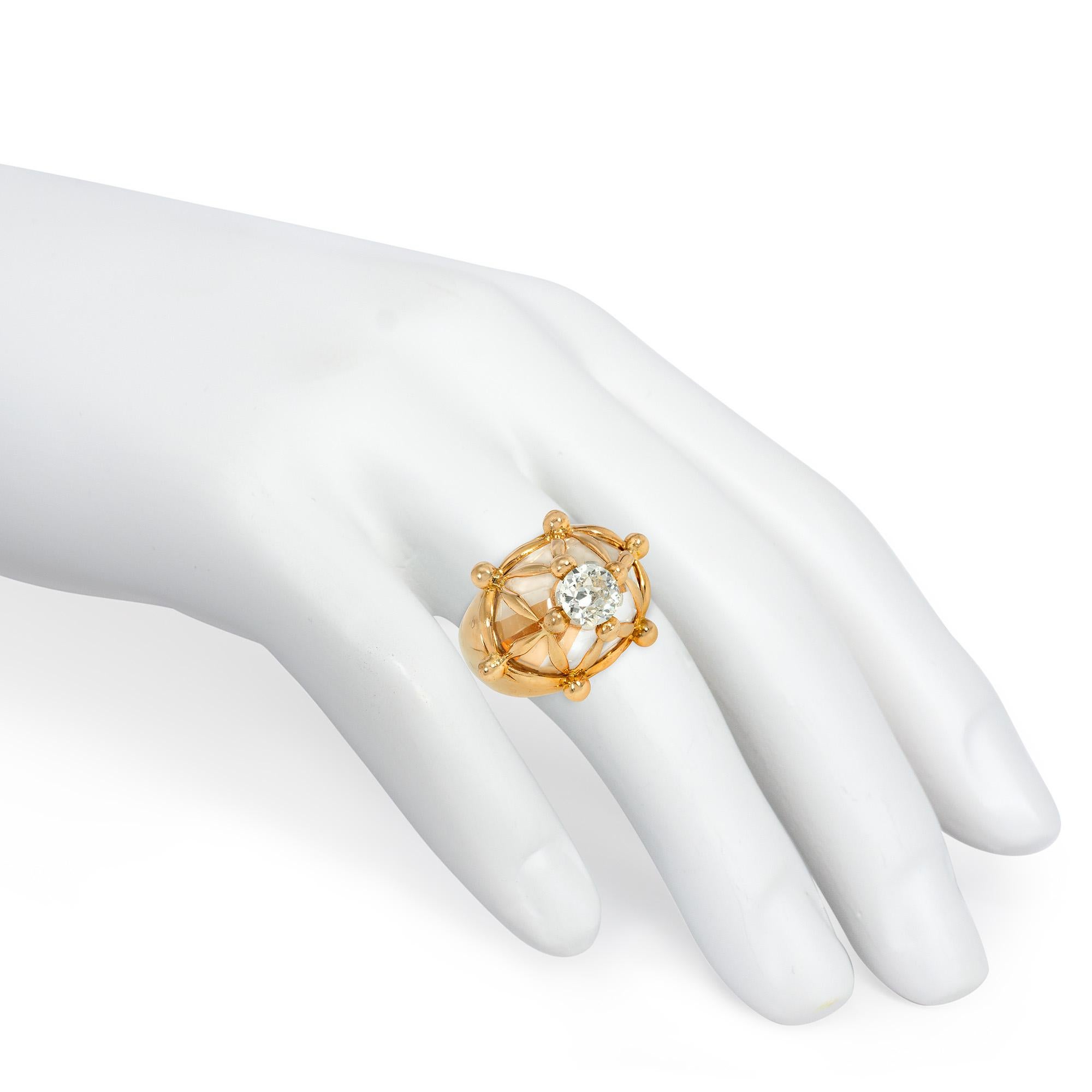 French 1960s Bombé Gold, Rock Crystal, and Diamond Ring with Lattice Design In Good Condition For Sale In New York, NY