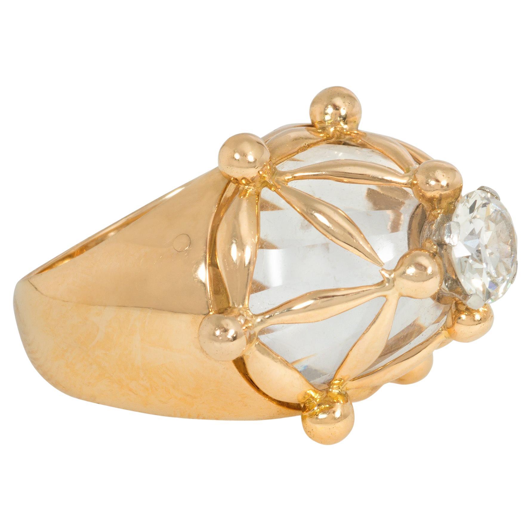 French 1960s Bombé Gold, Rock Crystal, and Diamond Ring with Lattice Design