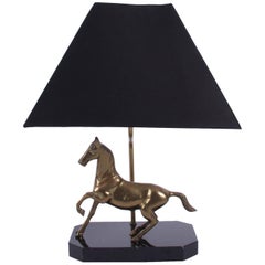 Vintage French 1960s Brass Horse Table Lamp with Black Silk Shade