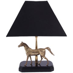 Vintage French 1960s Brass Horse Table Lamp with Black Silk Shade