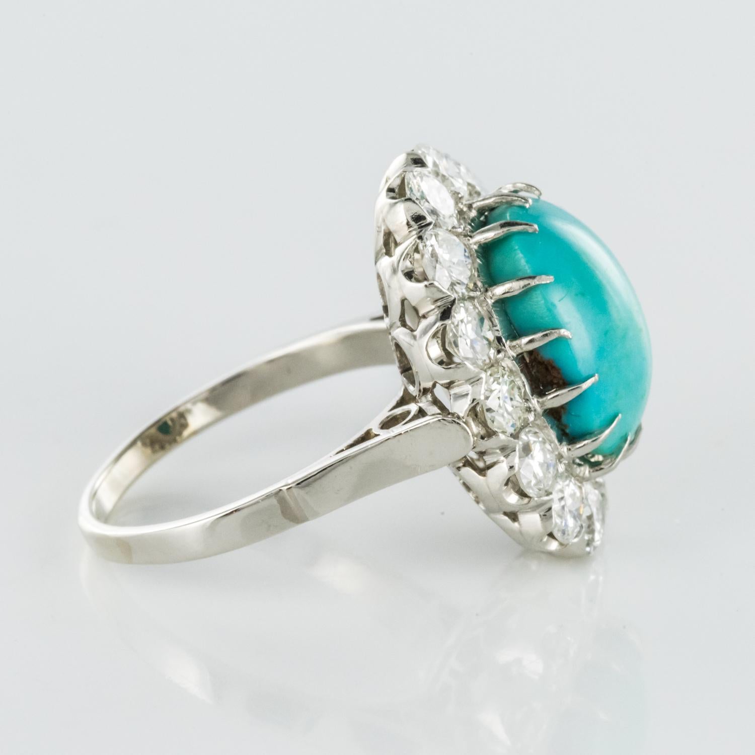 Women's French 1960s Cabochon Turquoise Diamond White Gold Platinum Cluster Ring