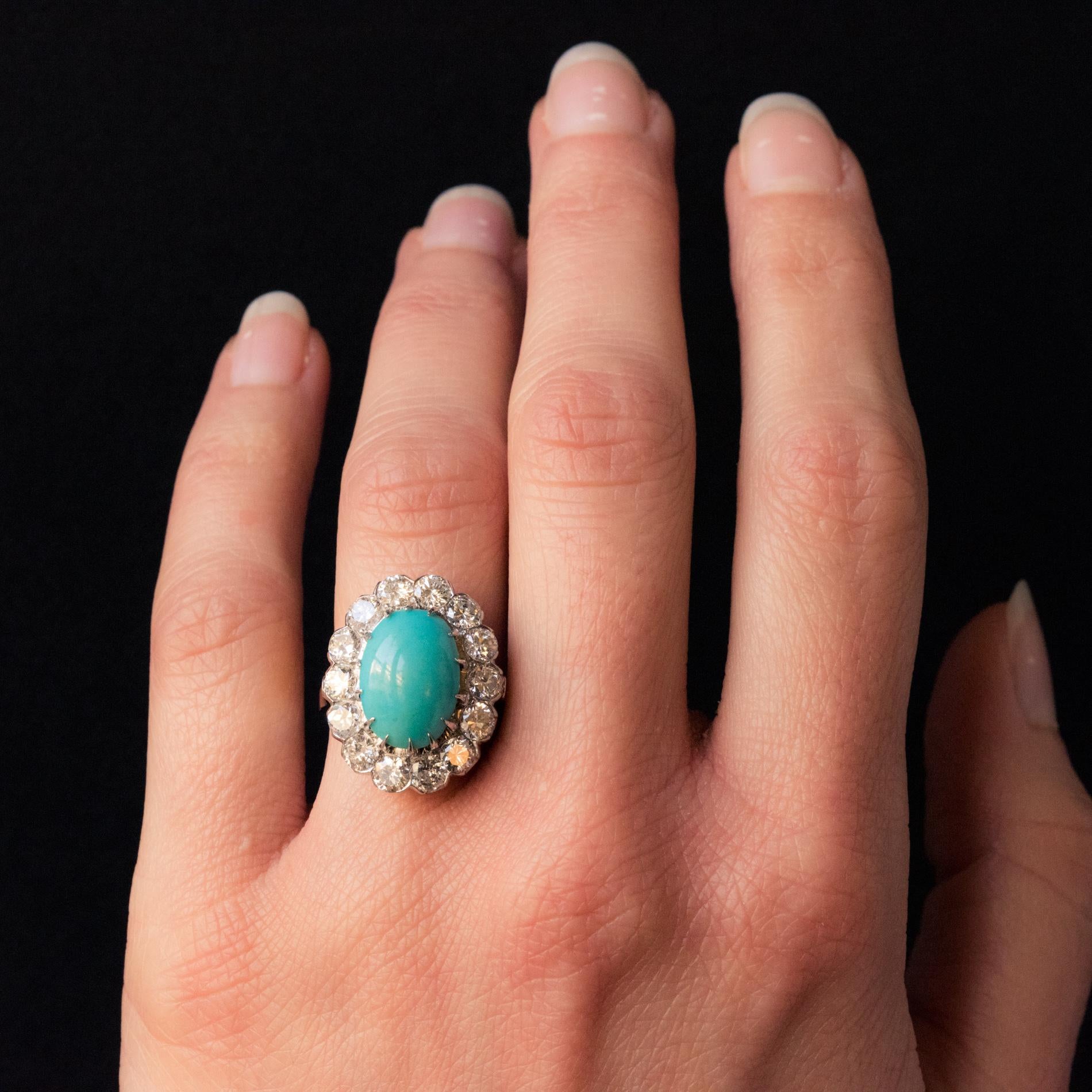 French 1960s Cabochon Turquoise Diamond White Gold Platinum Cluster Ring 4