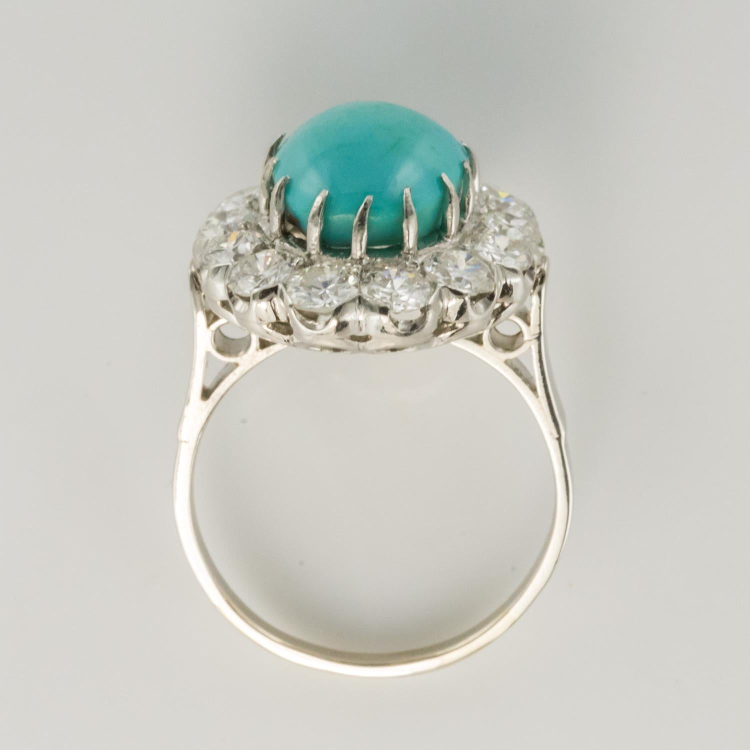 French 1960s Cabochon Turquoise Diamond White Gold Platinum Cluster Ring 2