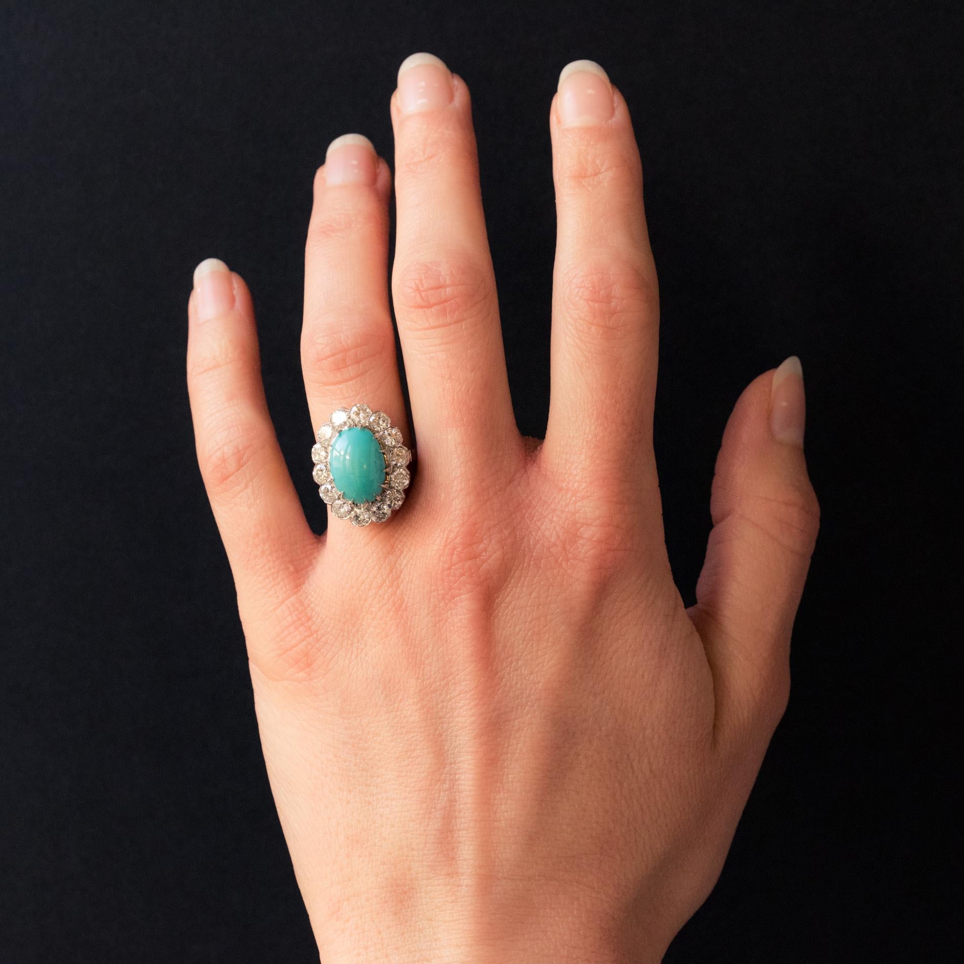Retro French 1960s Cabochon Turquoise Diamond White Gold Platinum Cluster Ring