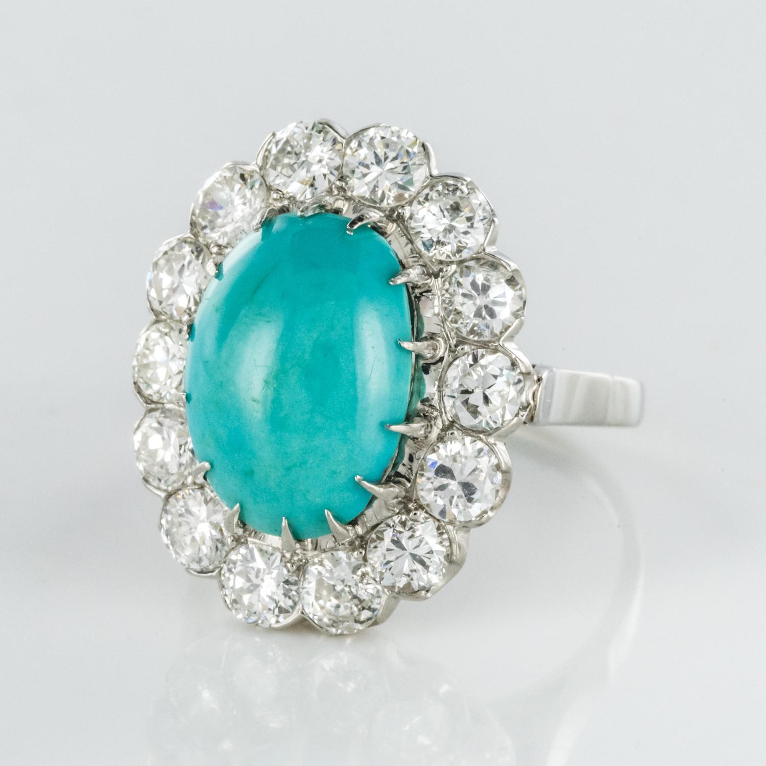 Brilliant Cut French 1960s Cabochon Turquoise Diamond White Gold Platinum Cluster Ring