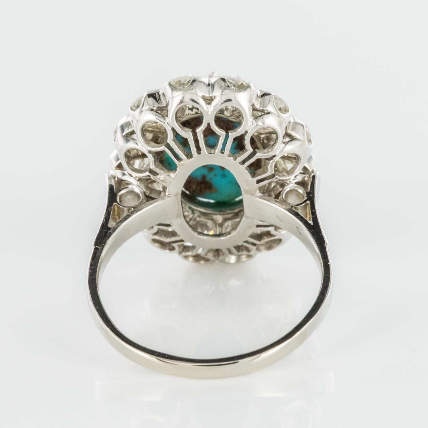 French 1960s Cabochon Turquoise Diamond White Gold Platinum Cluster Ring 6