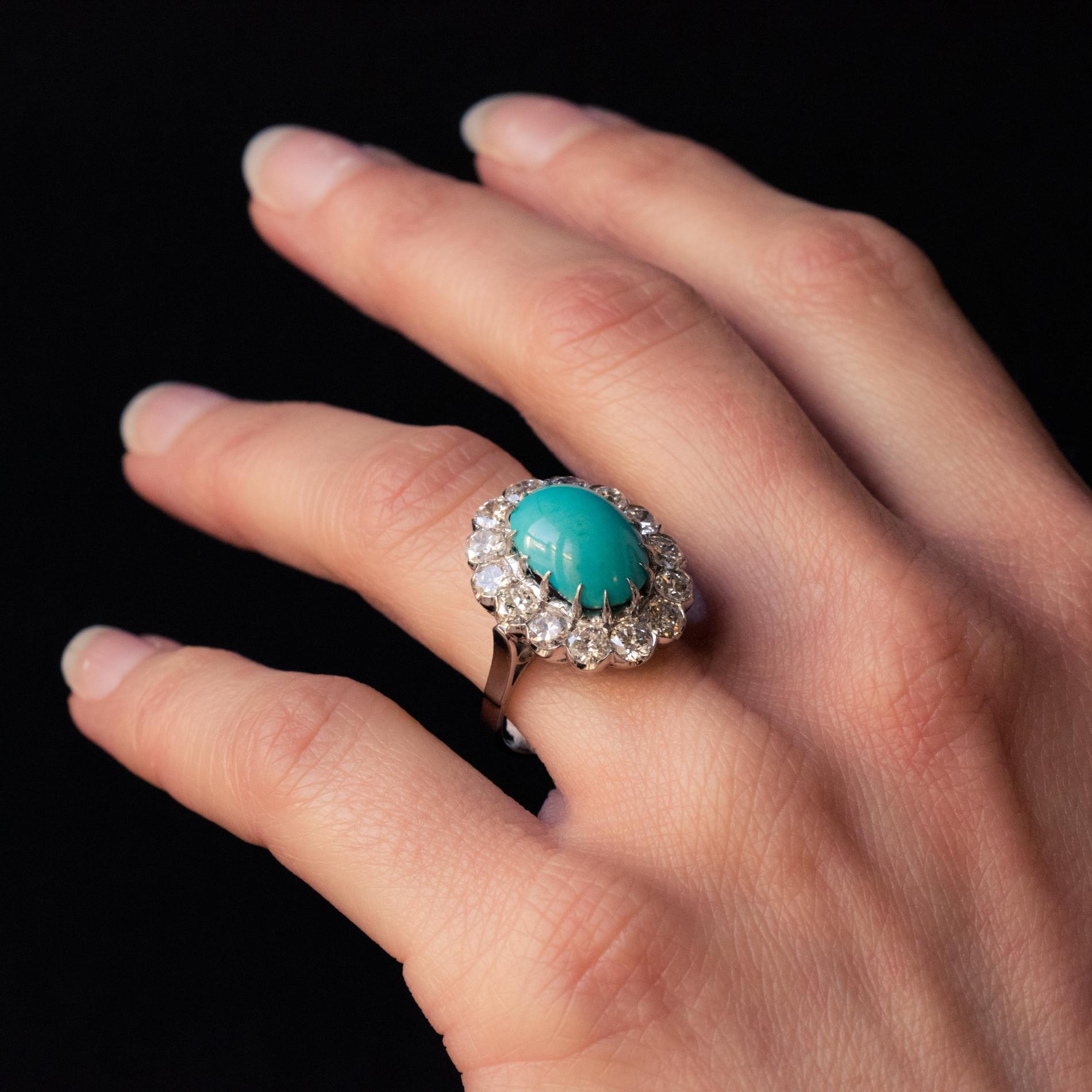 French 1960s Cabochon Turquoise Diamond White Gold Platinum Cluster Ring 1