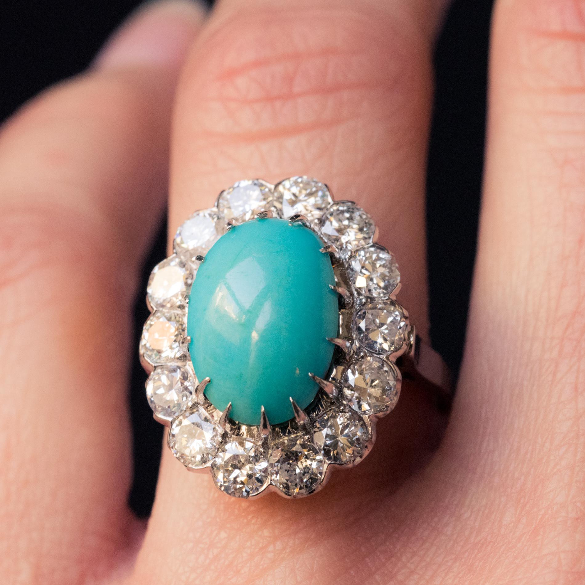 French 1960s Cabochon Turquoise Diamond White Gold Platinum Cluster Ring 3