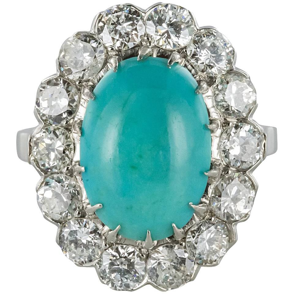 French 1960s Cabochon Turquoise Diamond White Gold Platinum Cluster Ring