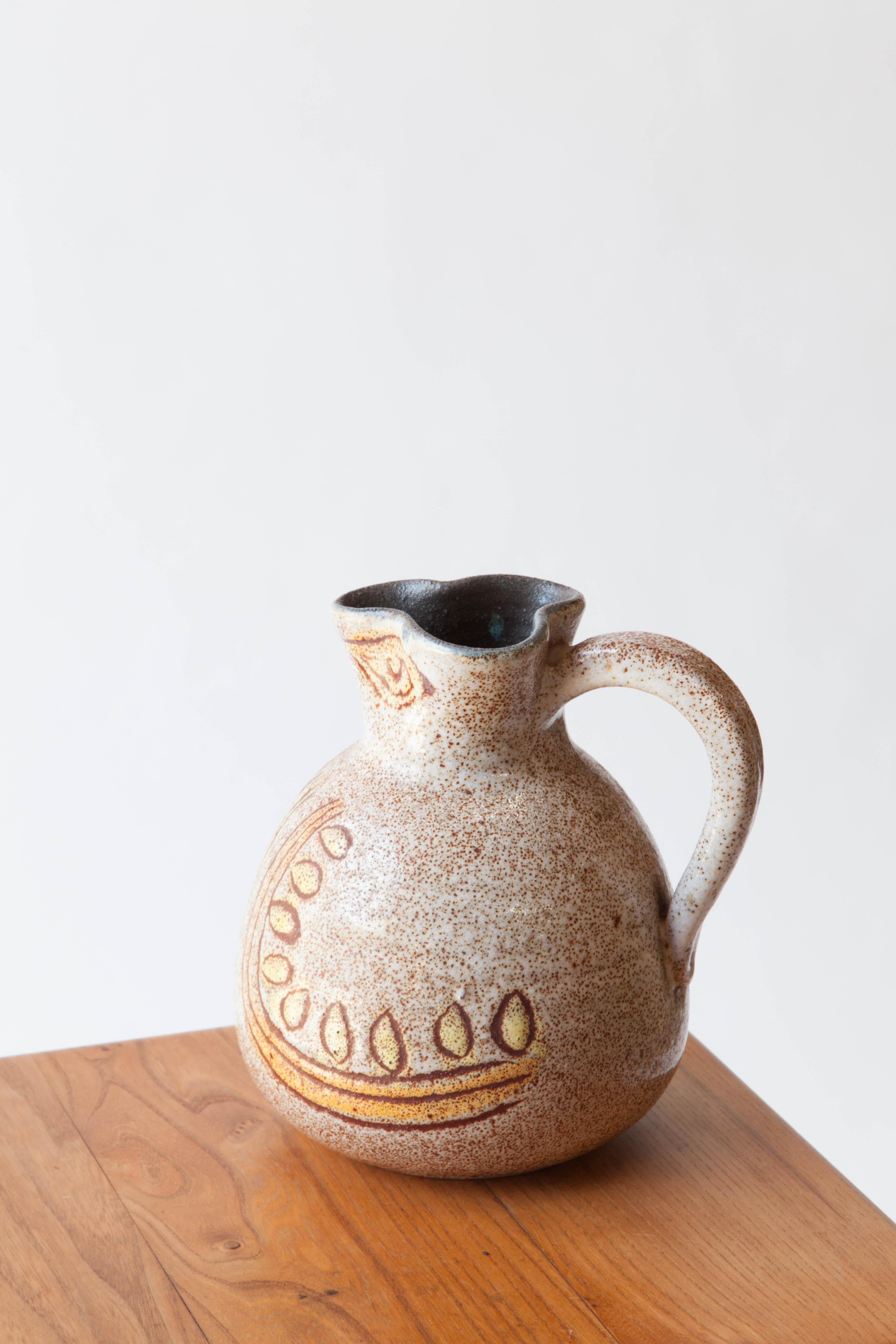 Handmade ceramic bird pitcher. Accolay, France. 1960s. Signed 