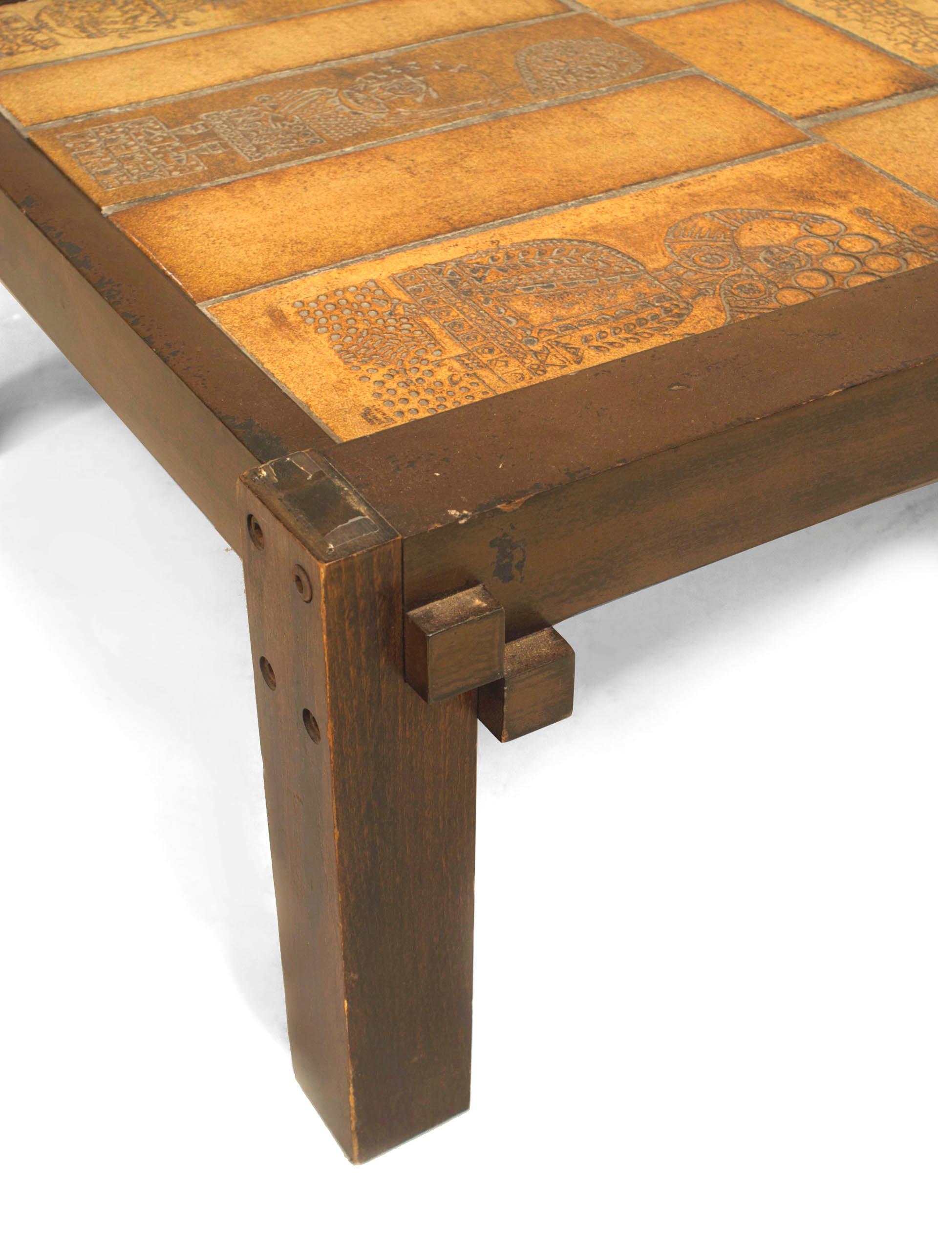 Mid-Century Modern Table basse française du milieu du siècle en bois et céramique Roger Capron en vente