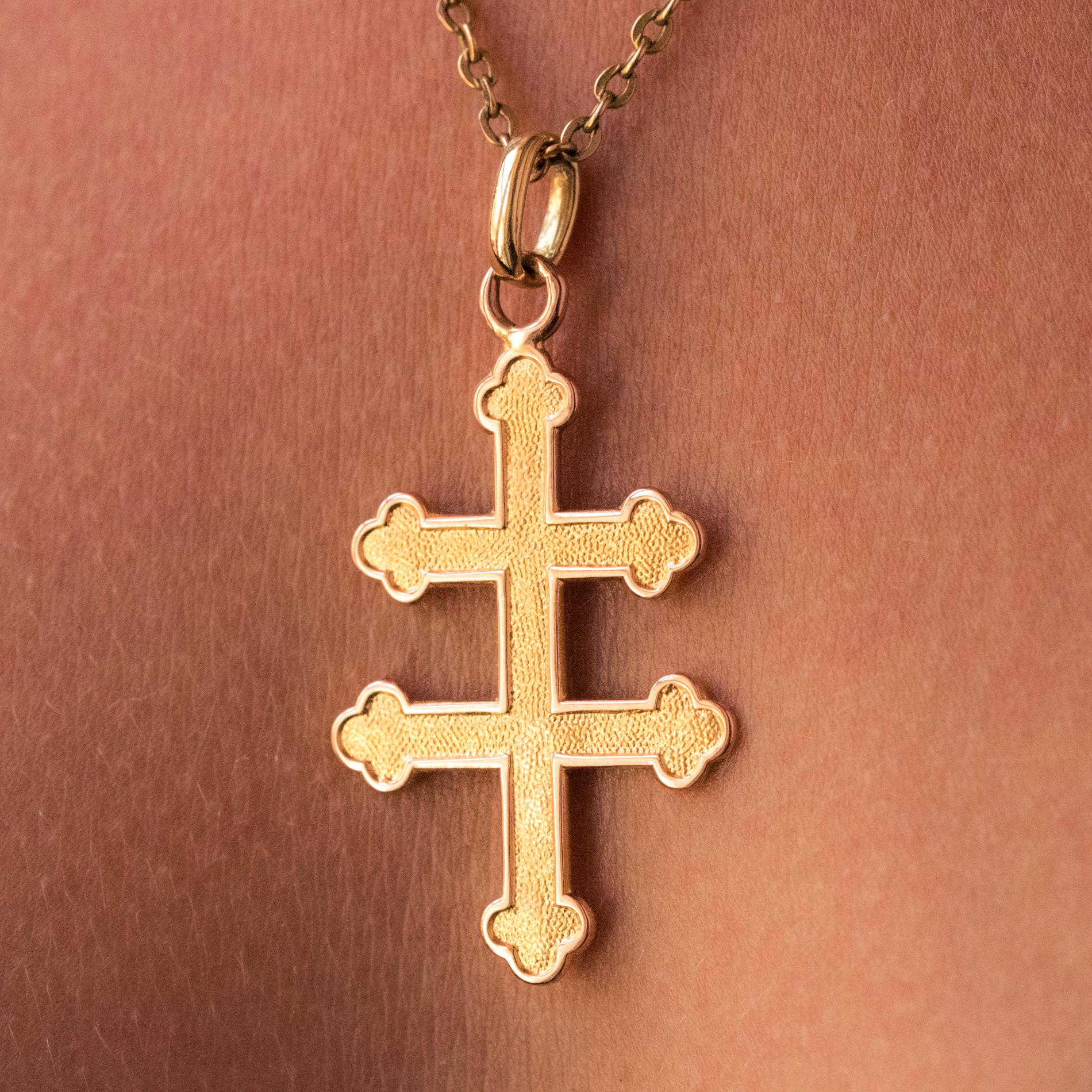 Women's French 1960s Chiseled 18 Karat Yellow Gold Cross Lorraine Pendant