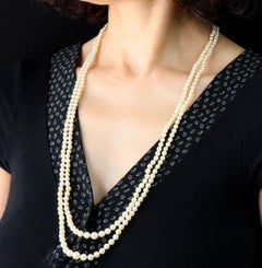 French 1960s Cultured Pearl 18 Karat Rose Gold Double Row Long Necklace