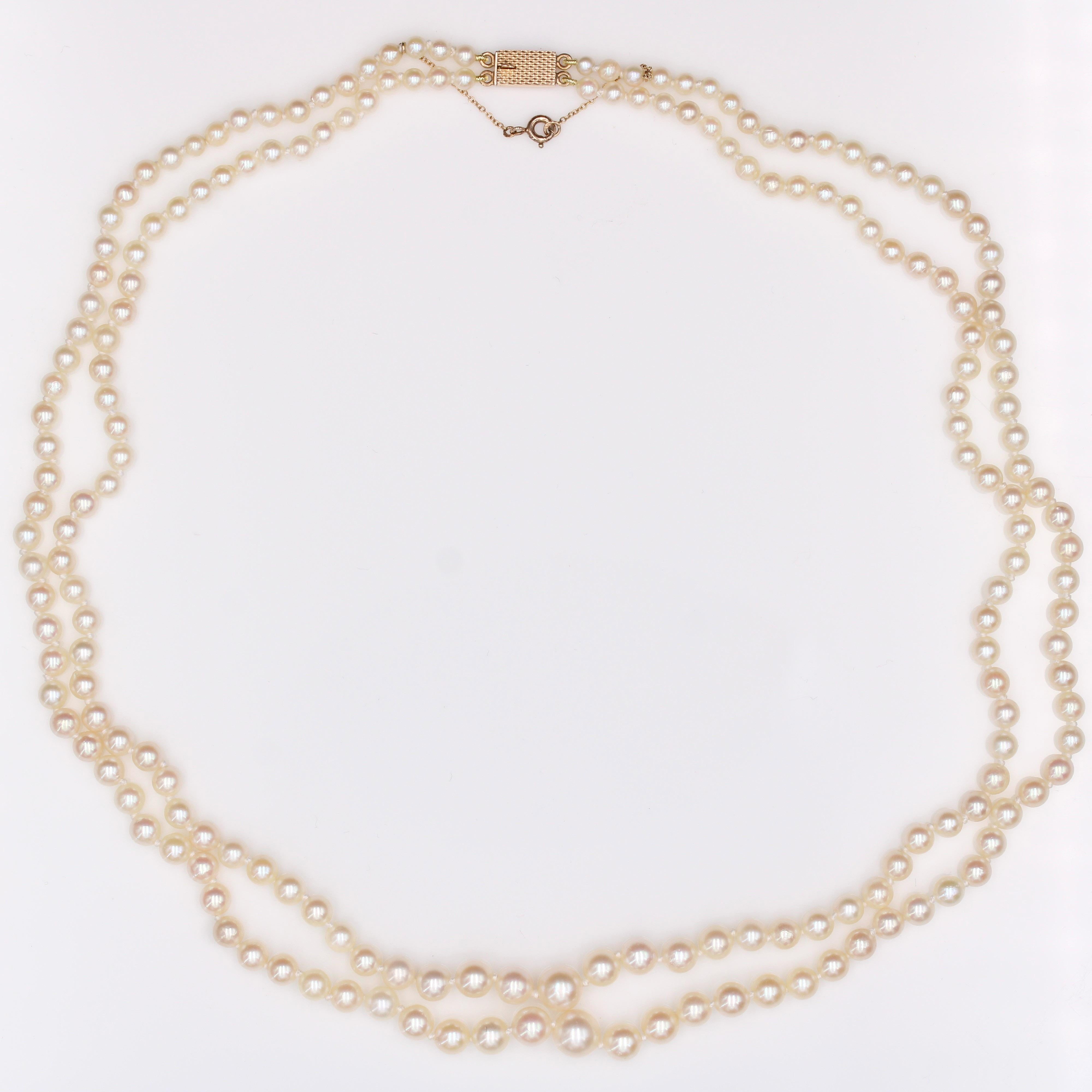 Retro French 1960s Cultured Pearl 18 Karat Rose Gold Double Row Necklace For Sale