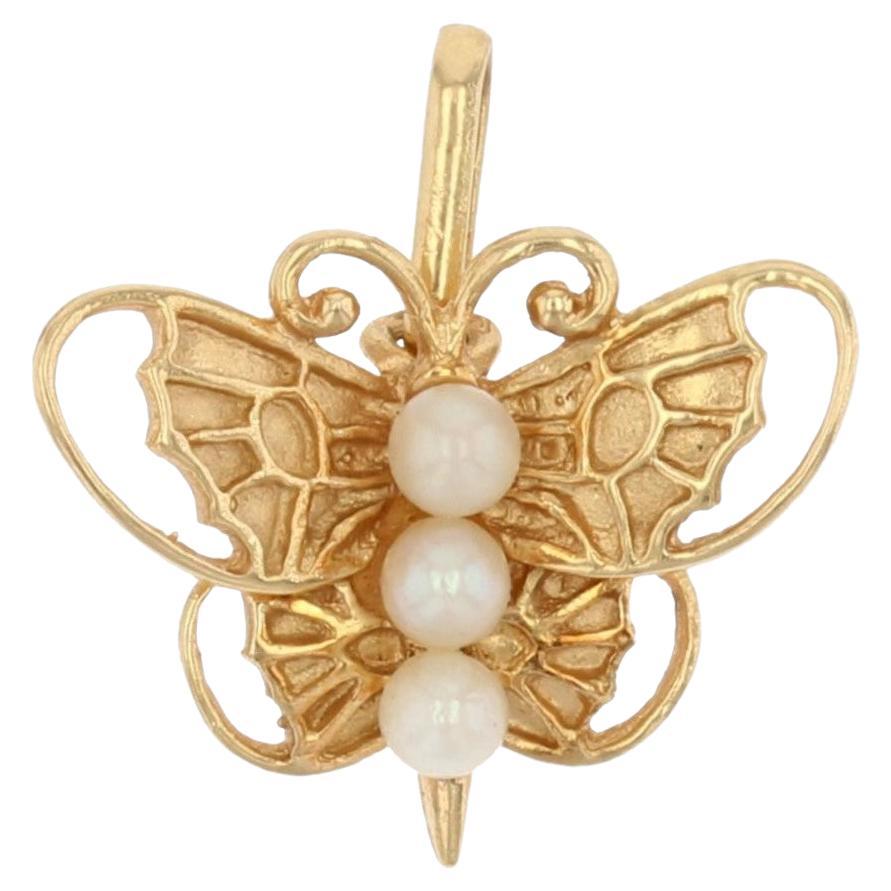 French 1960s Cultured Pearl 18 Karat Yellow Gold Butterfly Charm Pendant