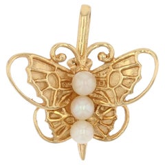 French 1960s Cultured Pearl 18 Karat Yellow Gold Butterfly Charm Pendant