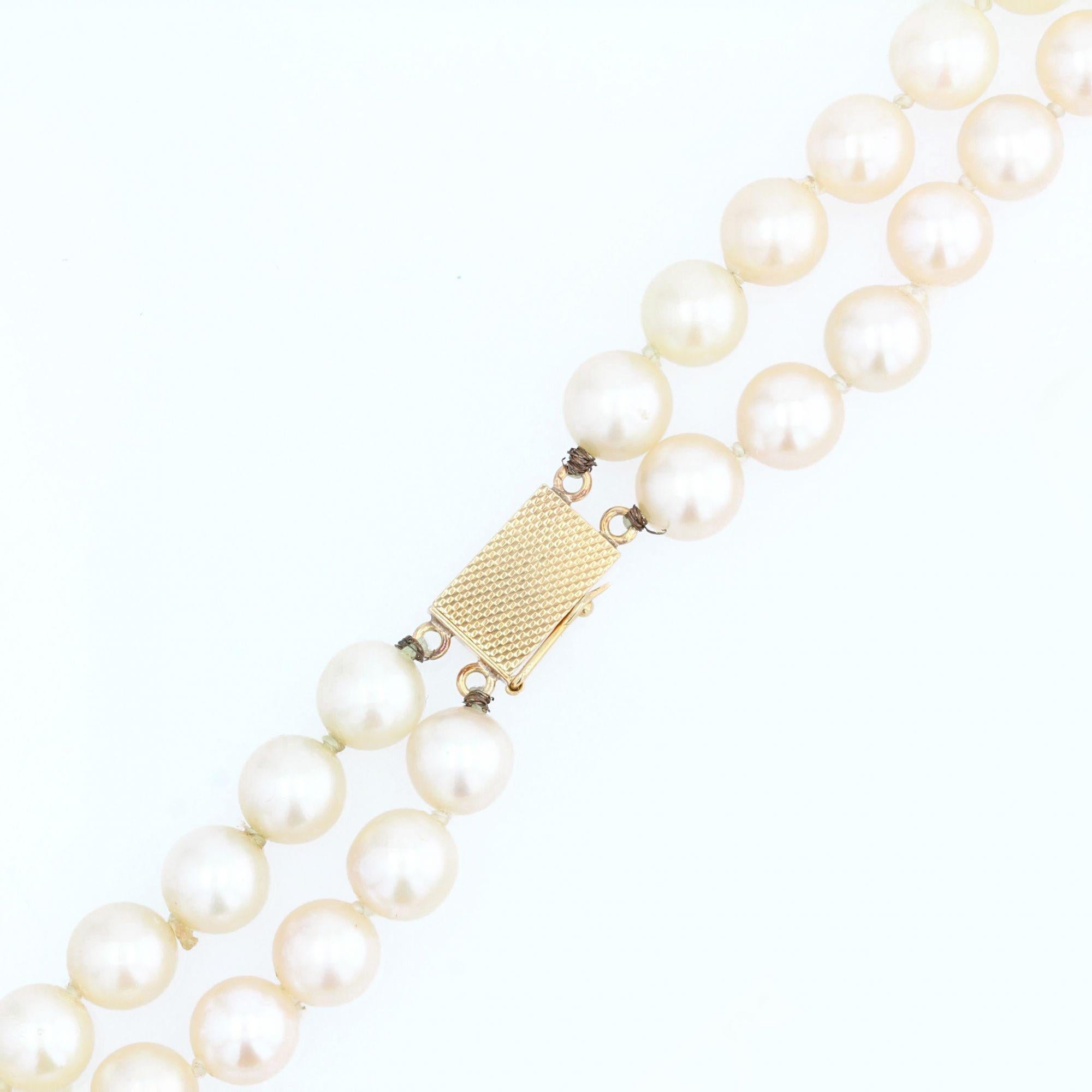 Retro French 1960s Cultured Pearl 18 Karat Yellow Gold Double Row Necklace For Sale