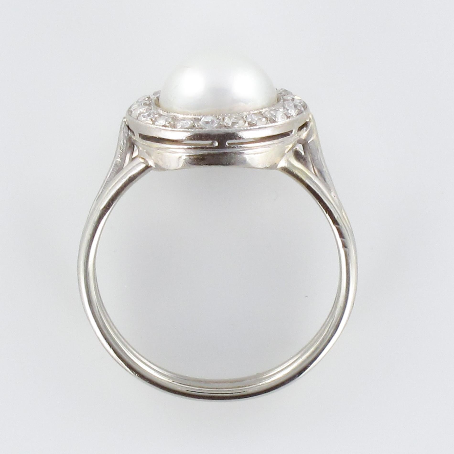French 1960s Cultured Pearl Diamonds 18 Karat White Gold Ring 10