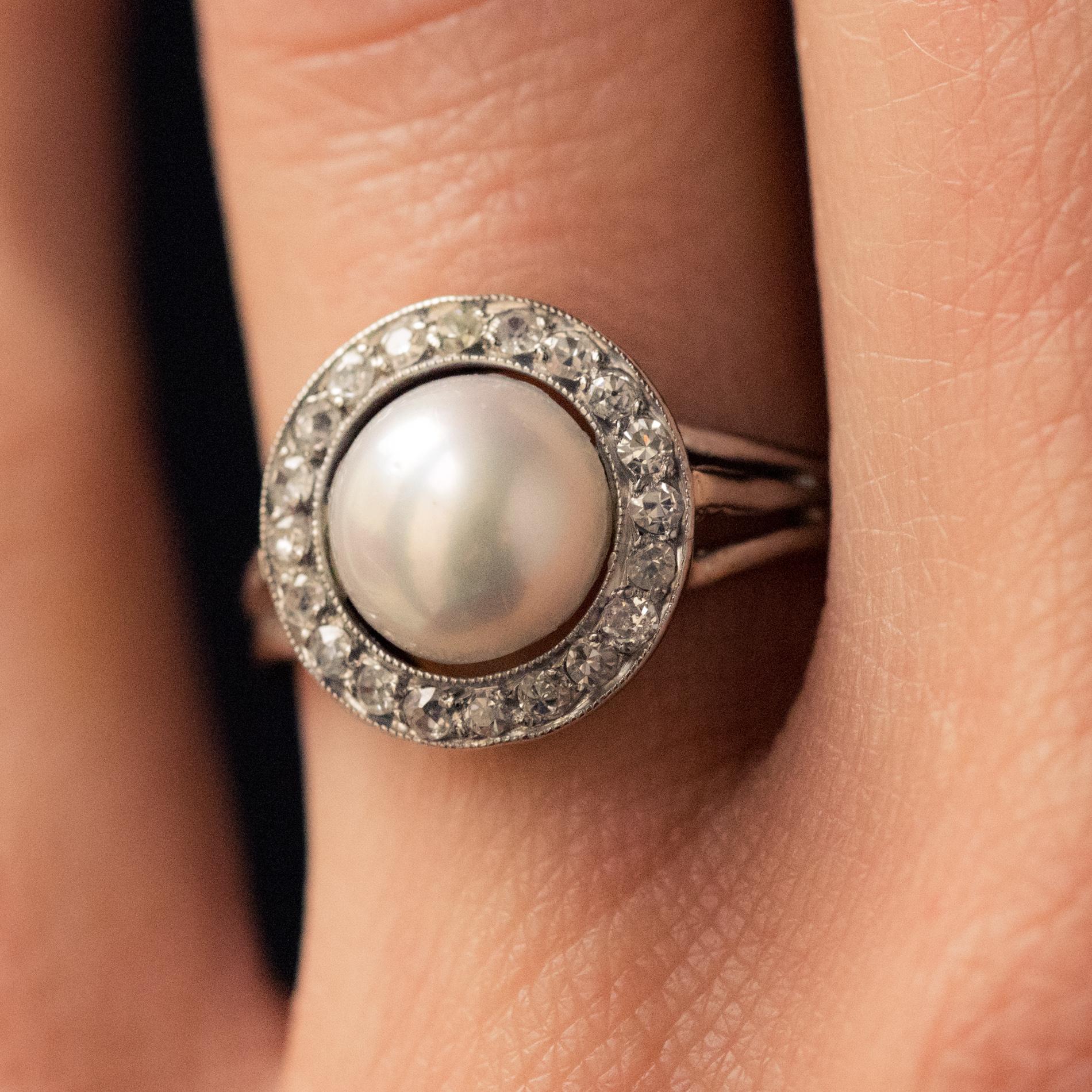 French 1960s Cultured Pearl Diamonds 18 Karat White Gold Ring 1