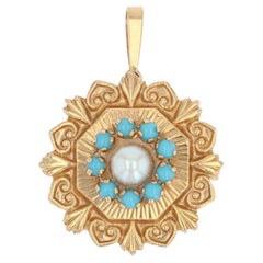 Broche en or jaune 18 carats avec perles de culture et perles turquoises, France, années 1960