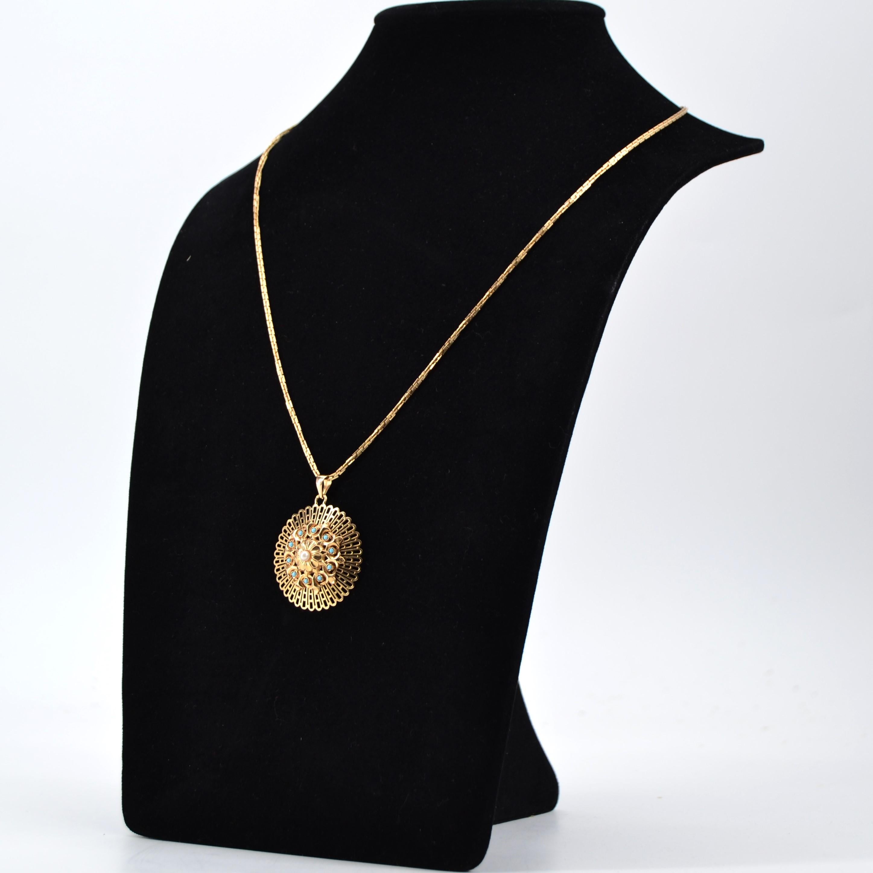 Pendentif français en or jaune 18 carats avec perles de culture et turquoise, années 1960 en vente 4