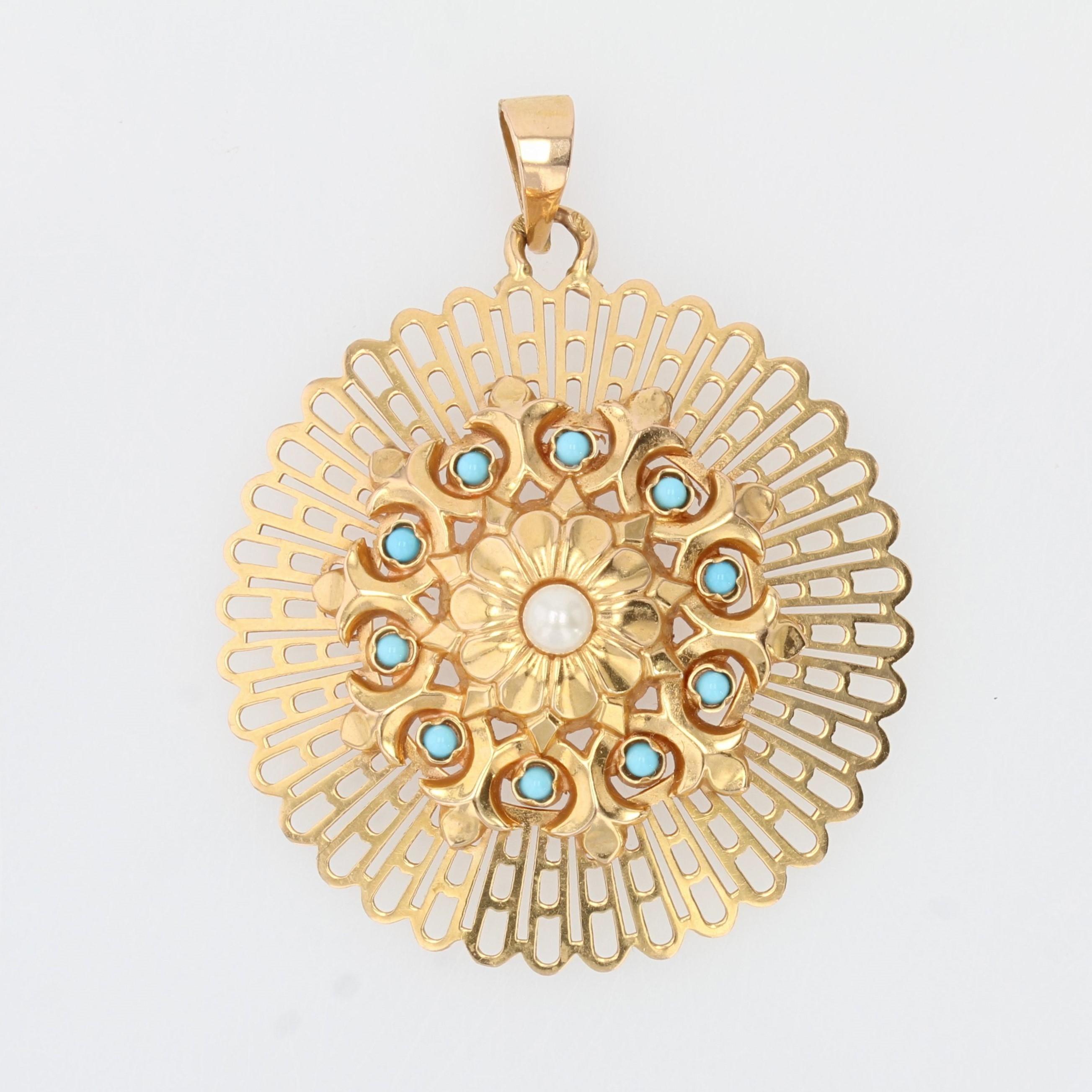 Pendentif français en or jaune 18 carats avec perles de culture et turquoise, années 1960 en vente 7